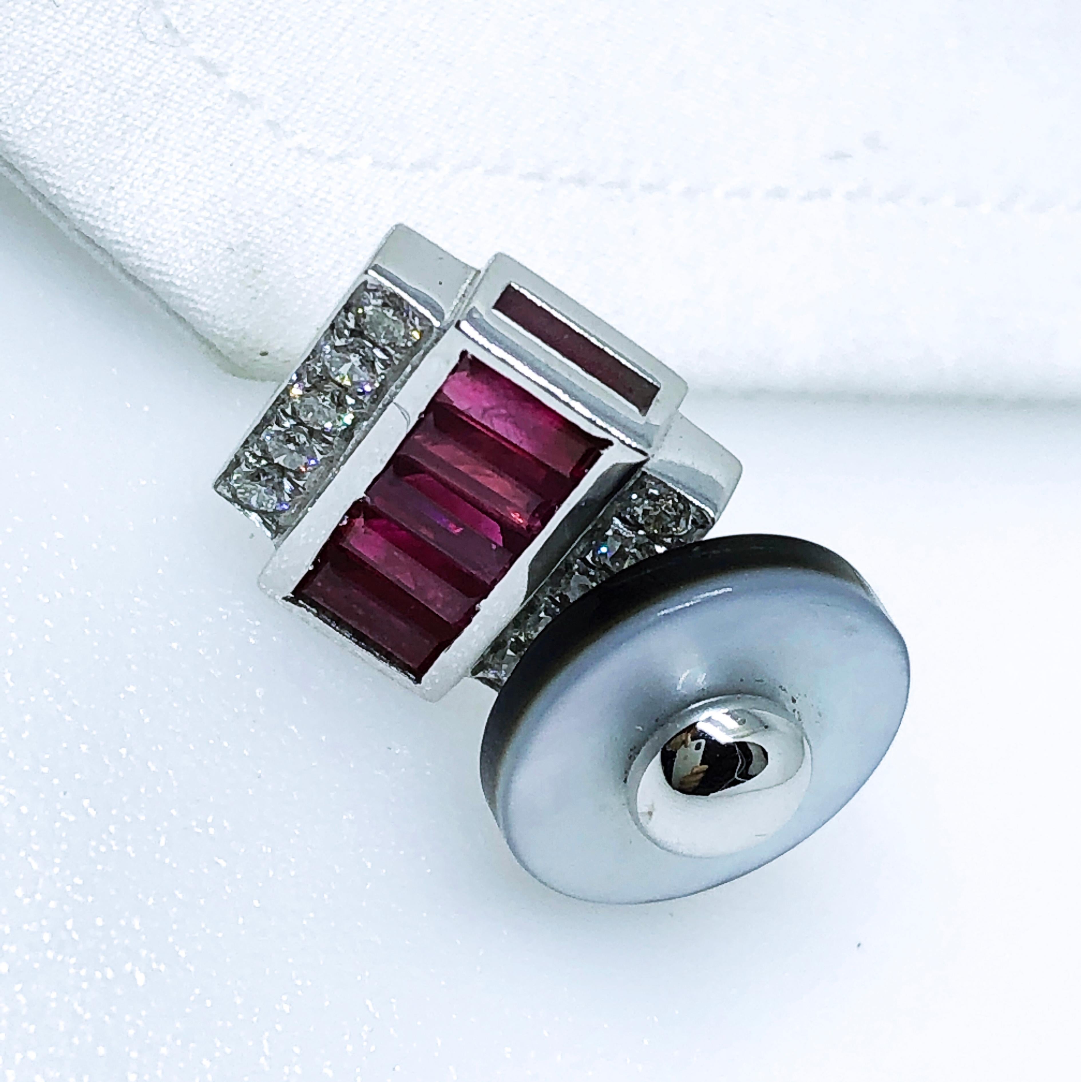 3.46 Karat Natural Ruby Baguette 0.59Kt White Diamond Moonstone Back Cufflinks For Sale 7