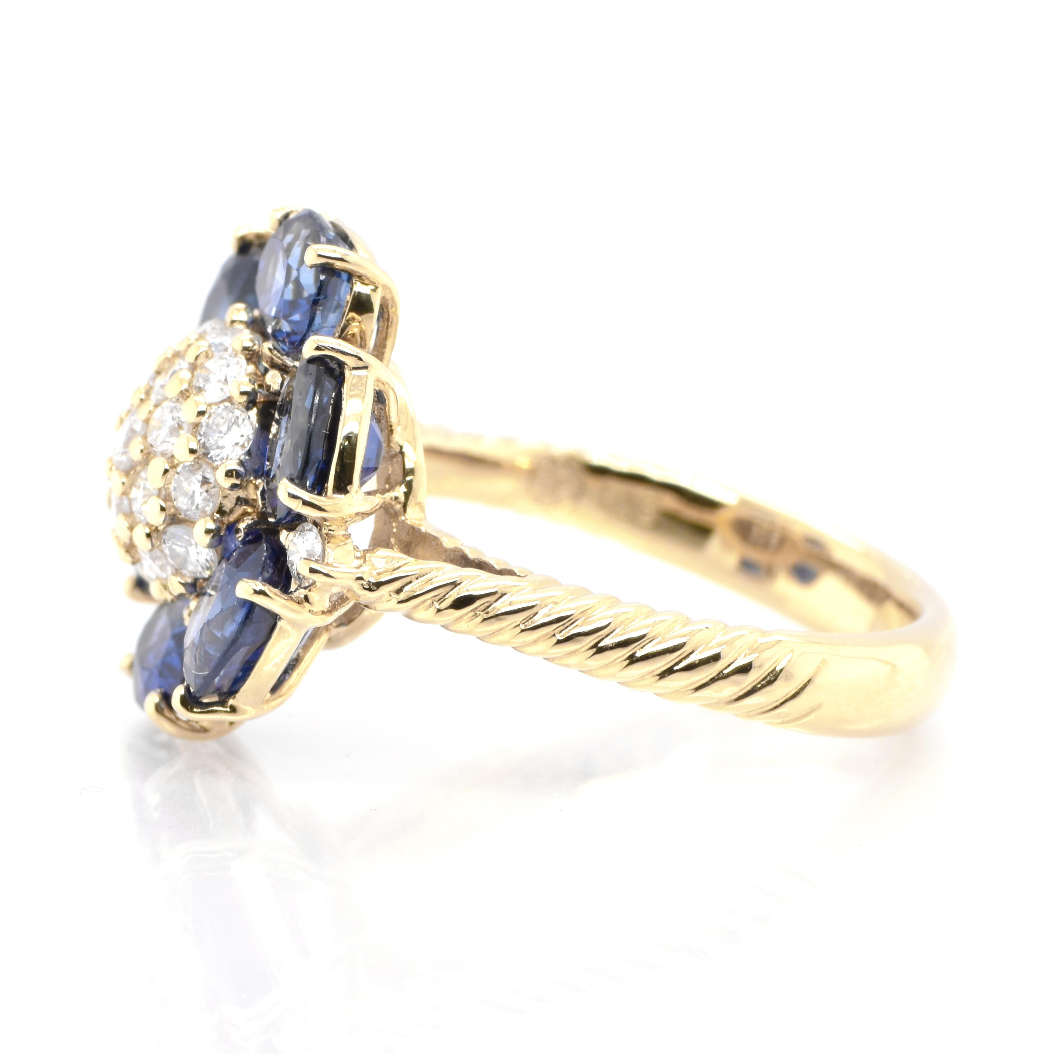 Oval Cut 3.46 Carat Natural Sapphire and Diamond Cluster Ring Set in 18K Yellow Gold For Sale