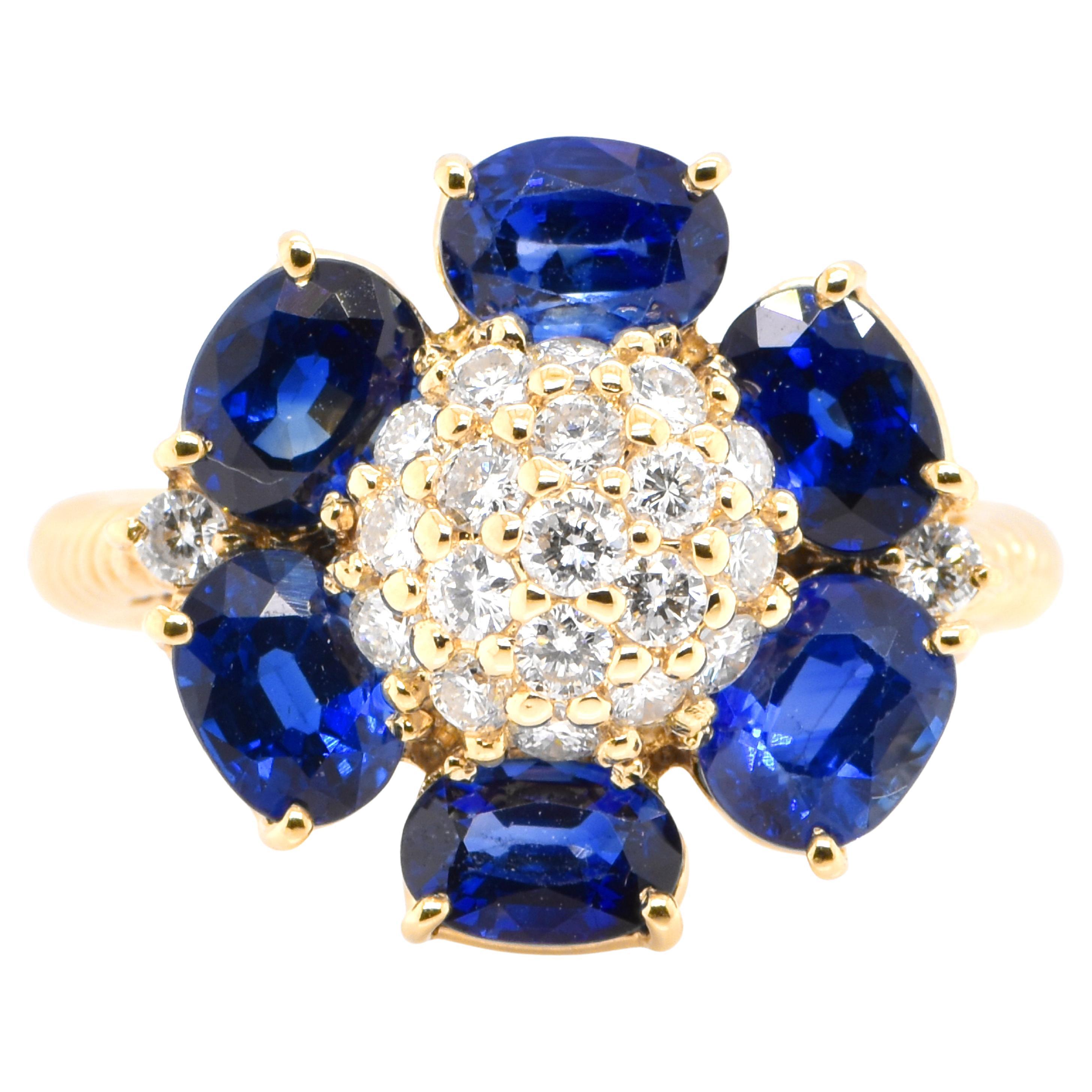 3.46 Carat Natural Sapphire and Diamond Cluster Ring Set in 18K Yellow Gold For Sale