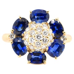 3.46 Carat Natural Sapphire and Diamond Cluster Ring Set in 18K Yellow Gold
