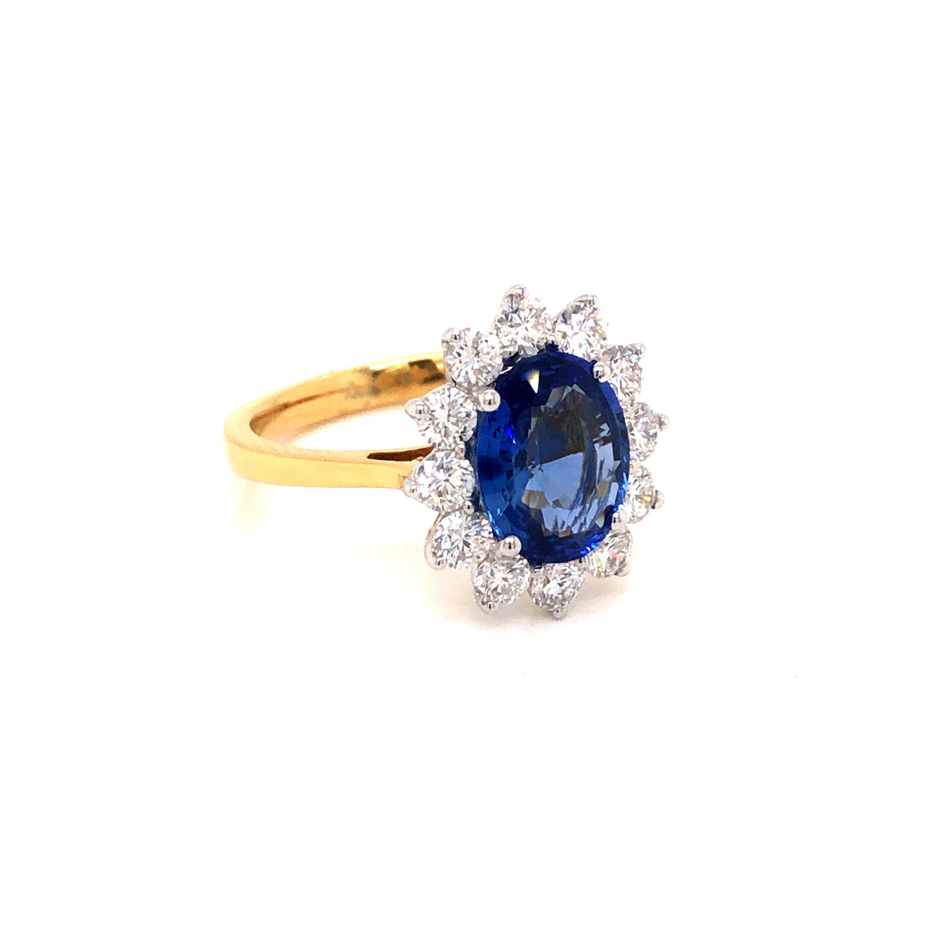 3.46 Carat Oval Blue Sapphire Round Diamond Hasbani 18Kt Halo Engagement Ring For Sale 4