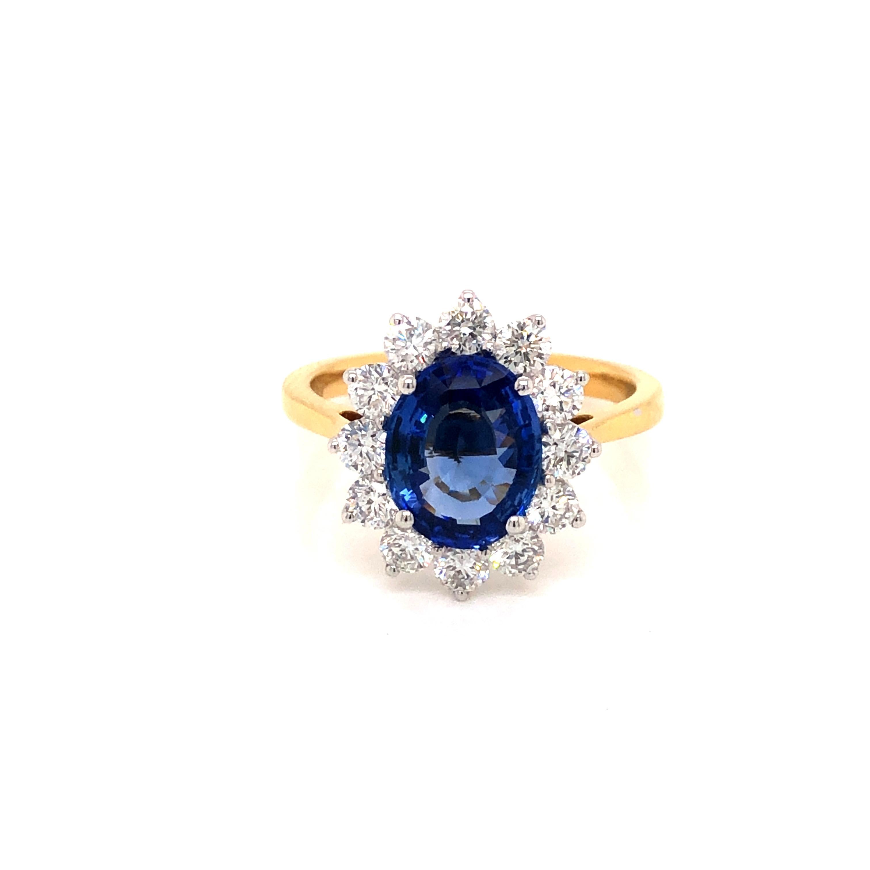 3.46 Carat Oval Blue Sapphire Round Diamond Hasbani 18Kt Halo Engagement Ring For Sale 6