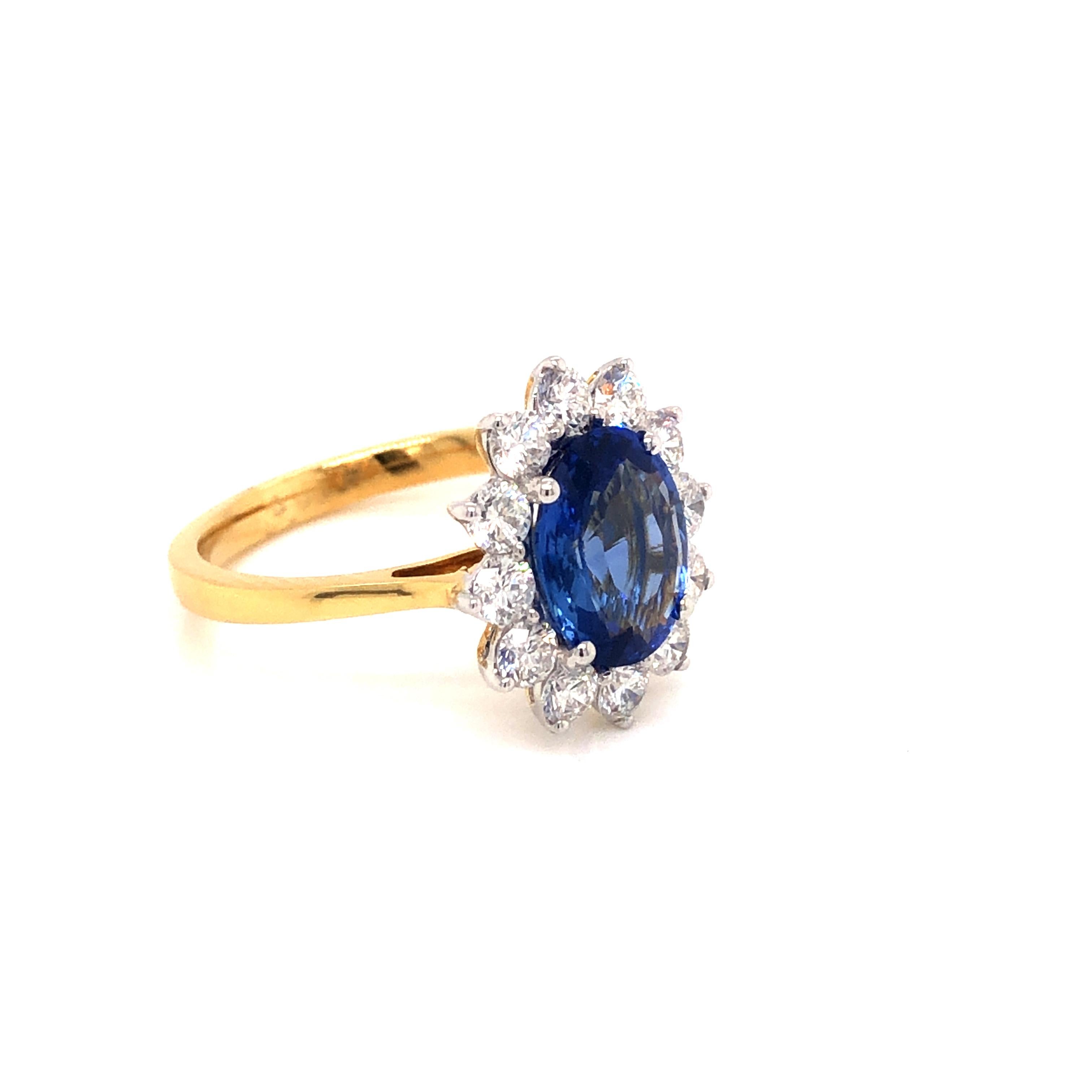 3.46 Carat Oval Blue Sapphire Round Diamond Hasbani 18Kt Halo Engagement Ring For Sale 9