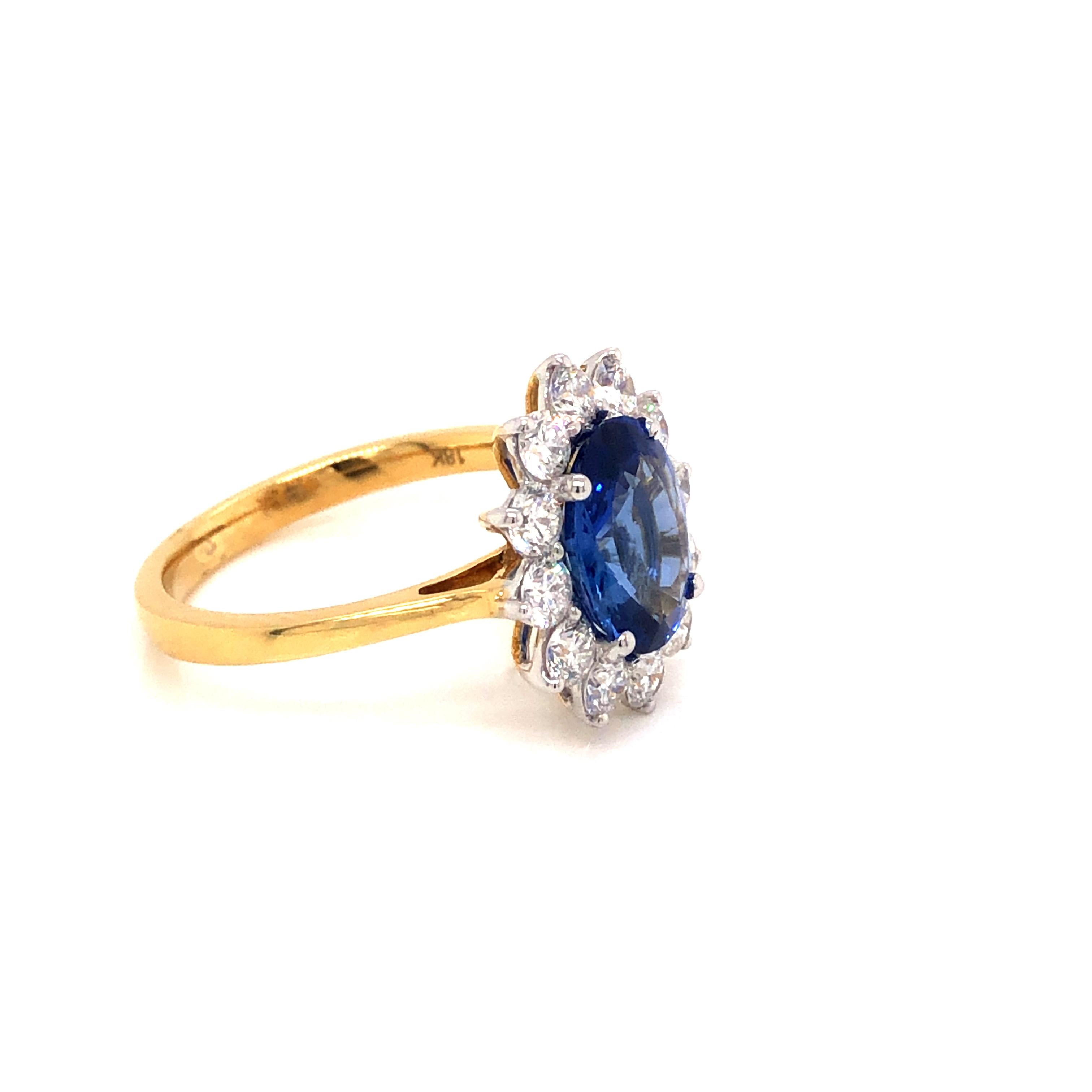 3.46 Carat Oval Blue Sapphire Round Diamond Hasbani 18Kt Halo Engagement Ring For Sale 10