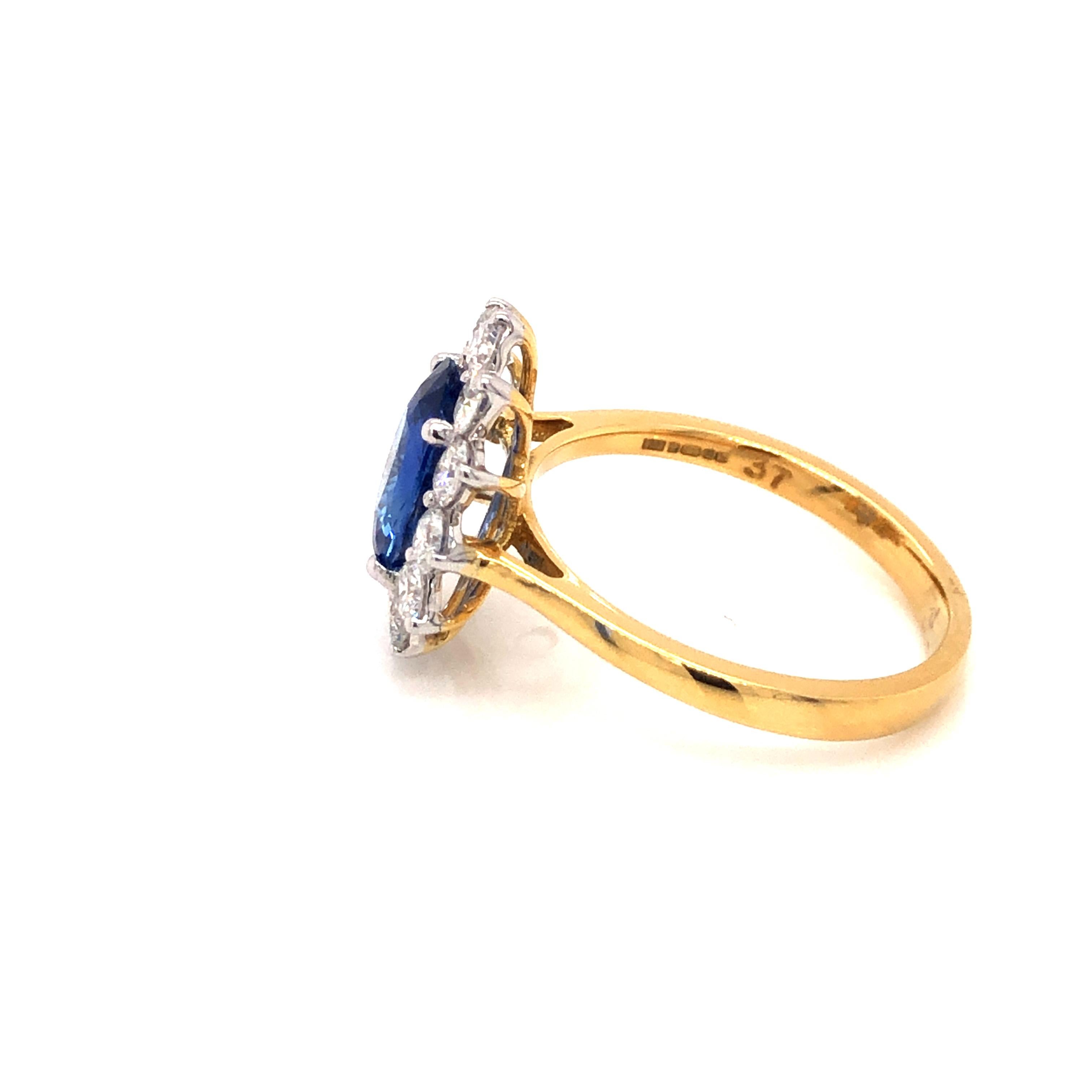 3.46 Carat Oval Blue Sapphire Round Diamond Hasbani 18Kt Halo Engagement Ring For Sale 11