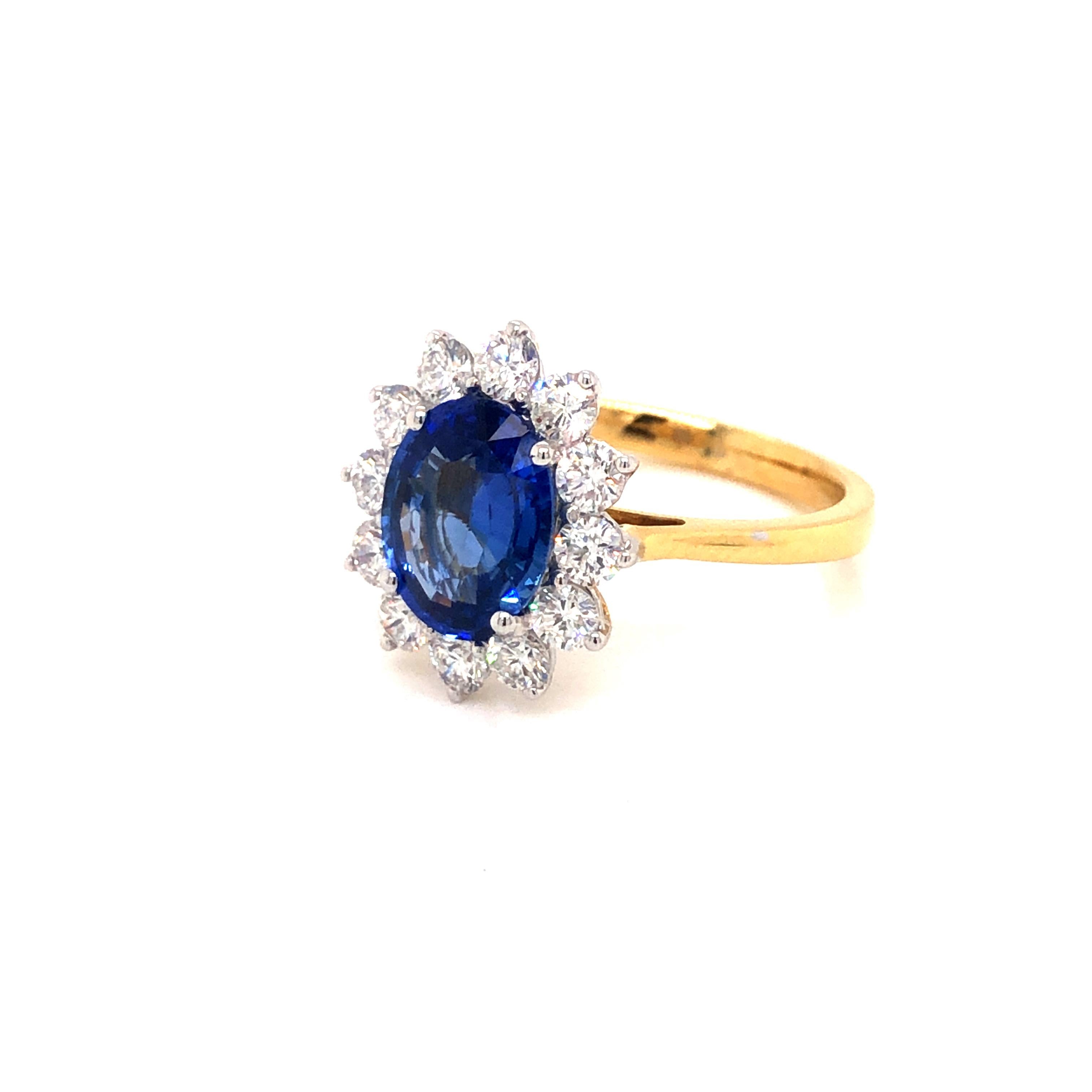 Oval Cut 3.46 Carat Oval Blue Sapphire Round Diamond Hasbani 18Kt Halo Engagement Ring For Sale