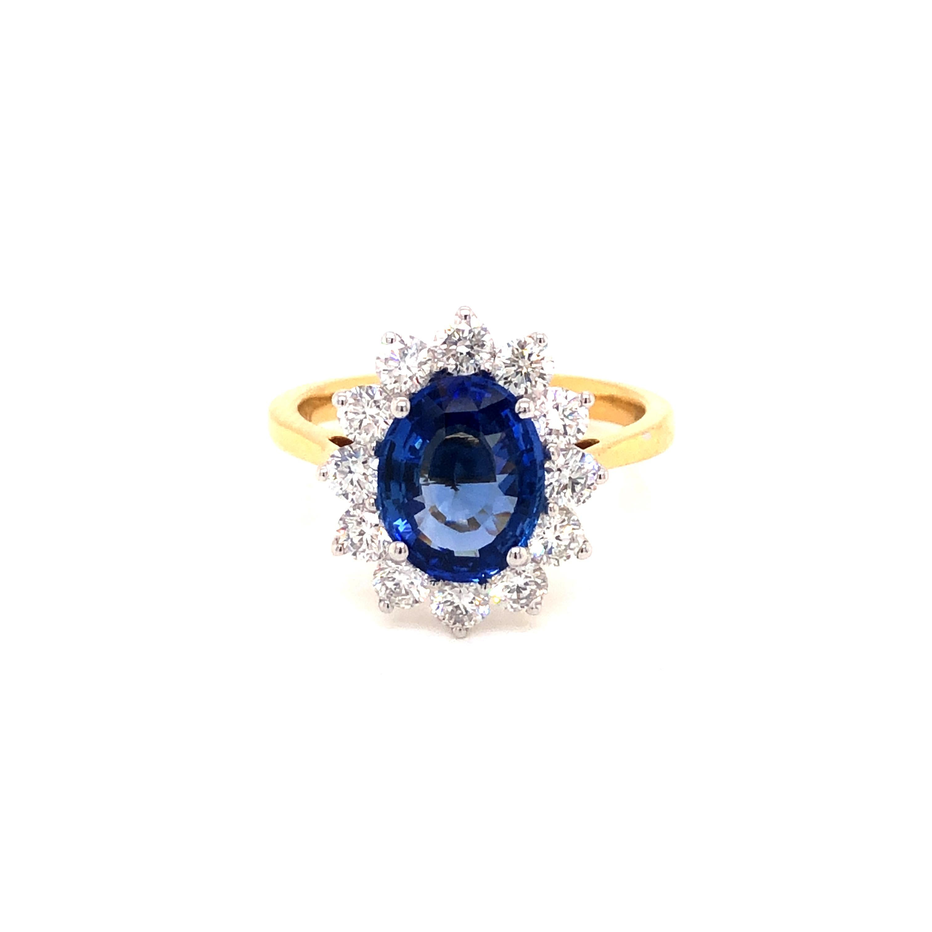3.46 Carat Oval Blue Sapphire Round Diamond Hasbani 18Kt Halo Engagement Ring For Sale 2