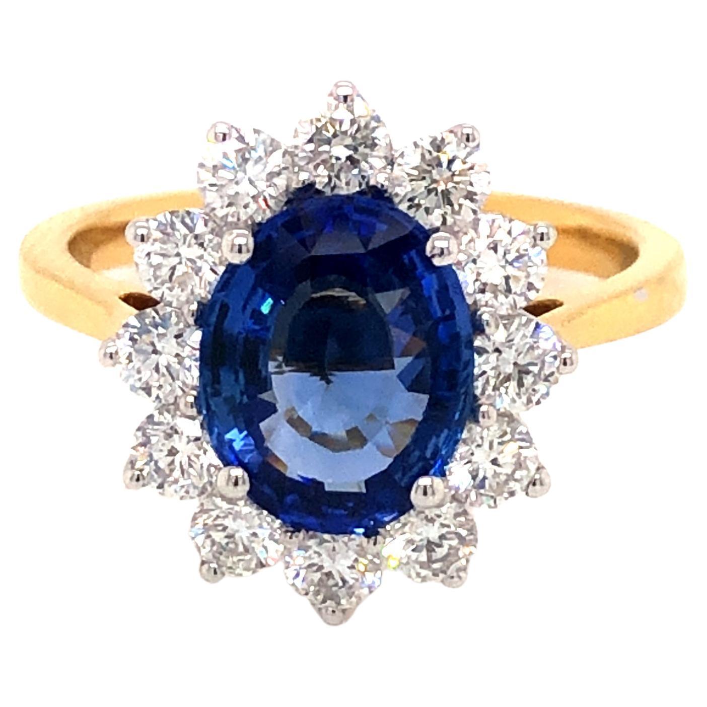 3.46 Carat Oval Blue Sapphire Round Diamond Hasbani 18Kt Halo Engagement Ring