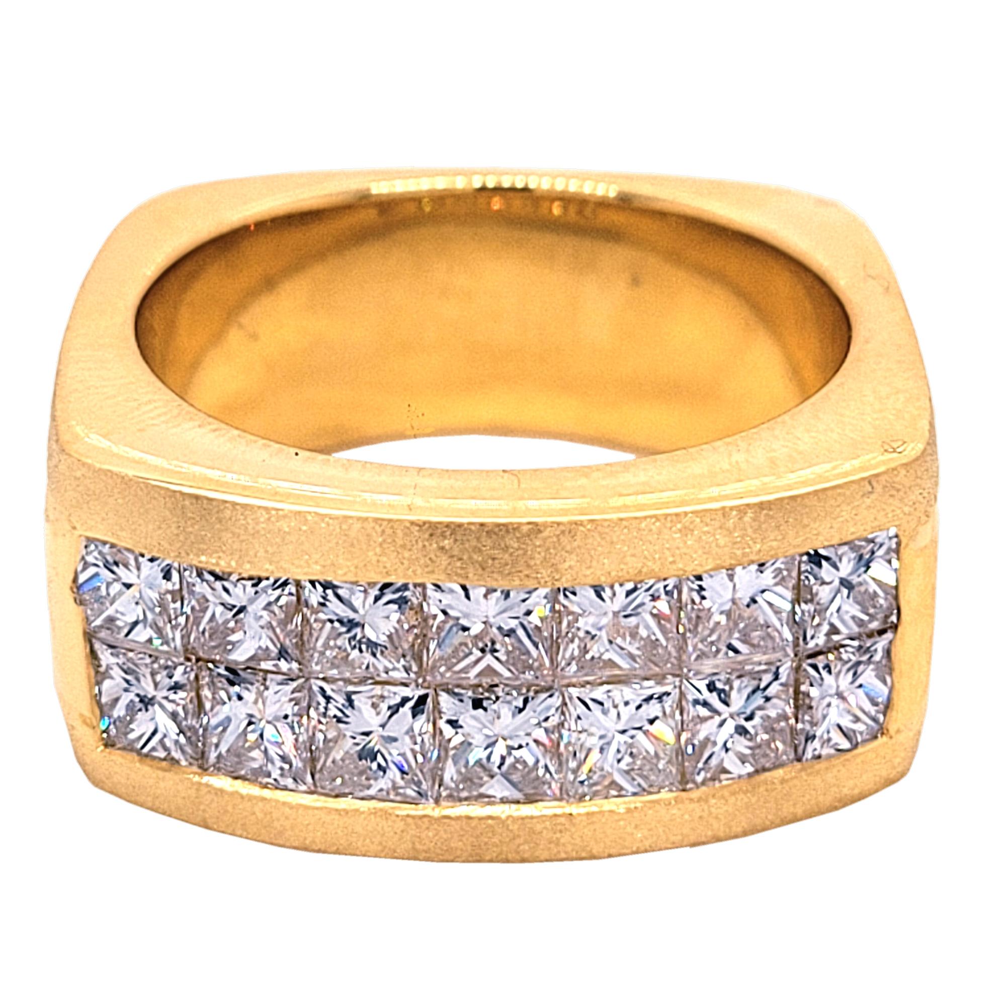 This Beautiful Gent's ring is made in 18K Yellow gold with shiny middle and matted sides. It has 14 pieces of perfectly matched 3.4 mm princess cut diamonds (Total Weight 3.46 Ct) invisible set on the top. The ring is square shaped shank.
Total
