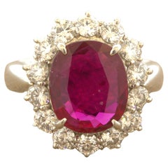 3.46 Carat Ruby Diamond Halo Platinum Ring, GIA Certified