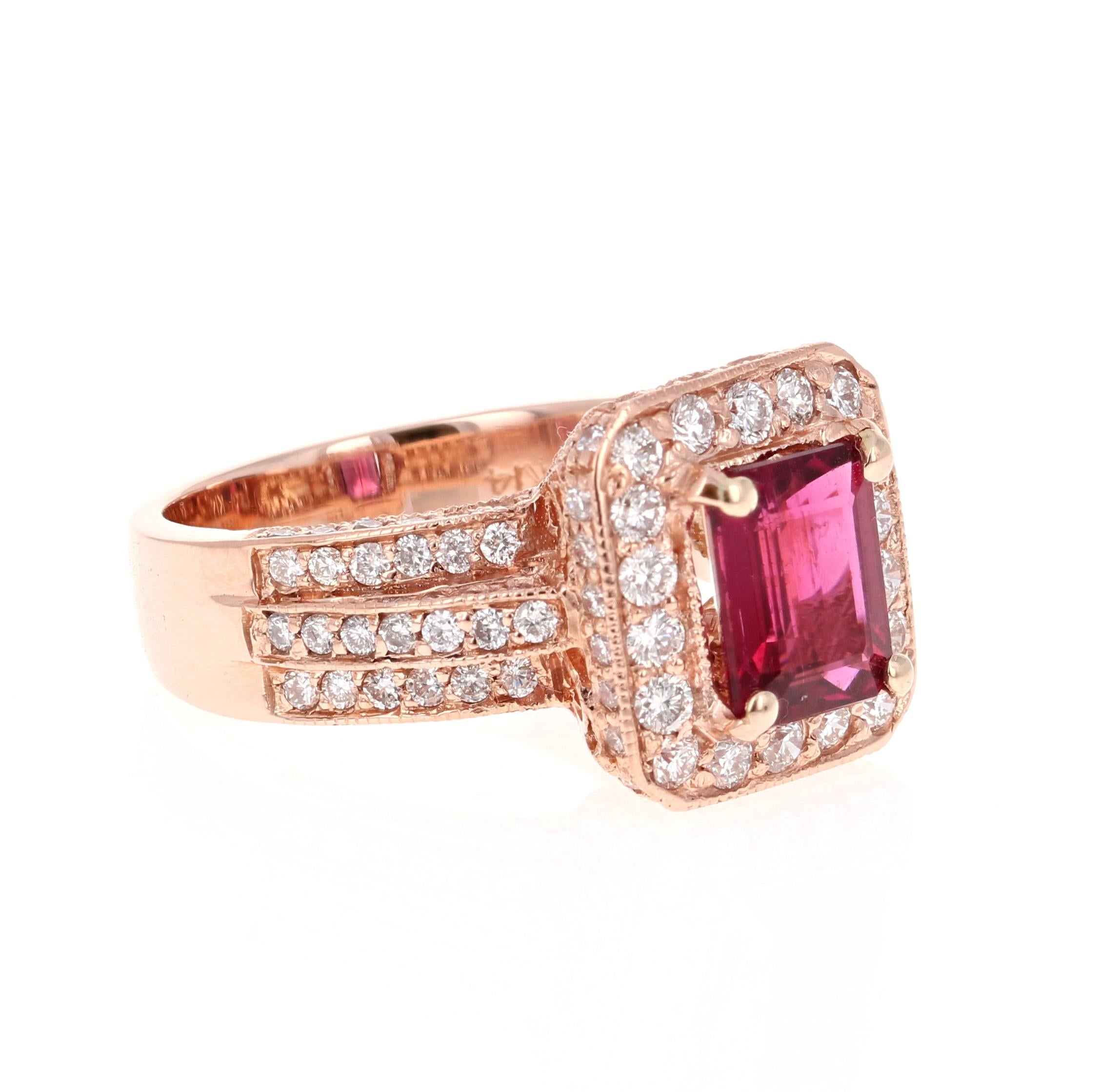 A Stunner!! The most elegant and unique ring to add to your collection! 

This beauty has a Emerald Cut Pink Tourmaline that weighs 1.84 Carats. It has 140 Round Cut Diamonds that weigh 1.62 Carats. The clarity and color of the diamonds are VS-F.