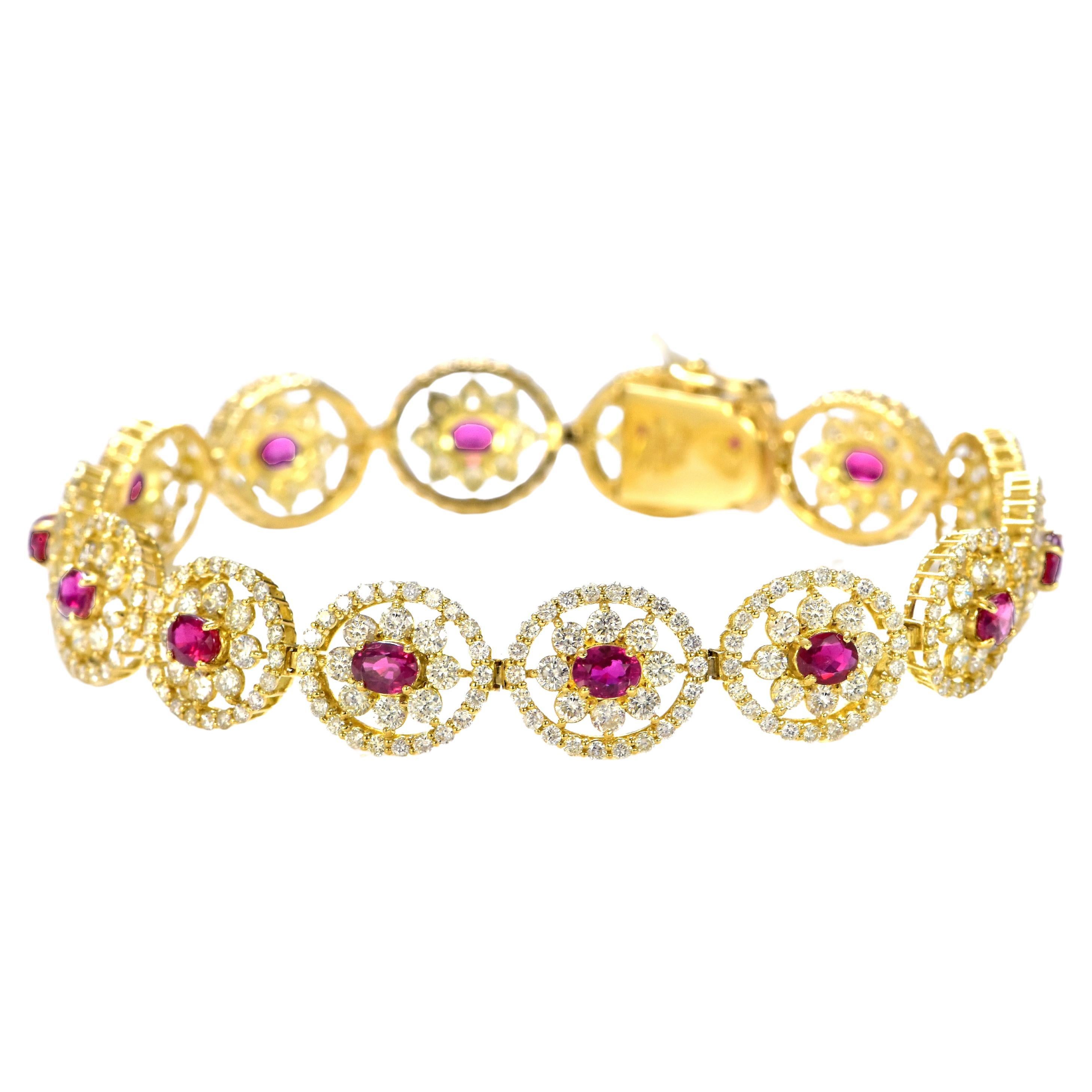 3.46 Carat Unheated, Pigeon Blood Color Ruby Bracelet Made in 18 Karat Gold