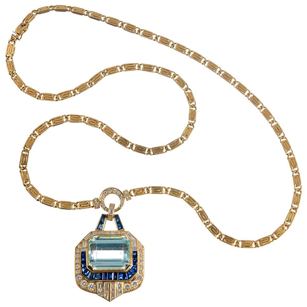 Women's or Men's 34.60 Carat Aquamarine, Sapphire and Diamond Pendant