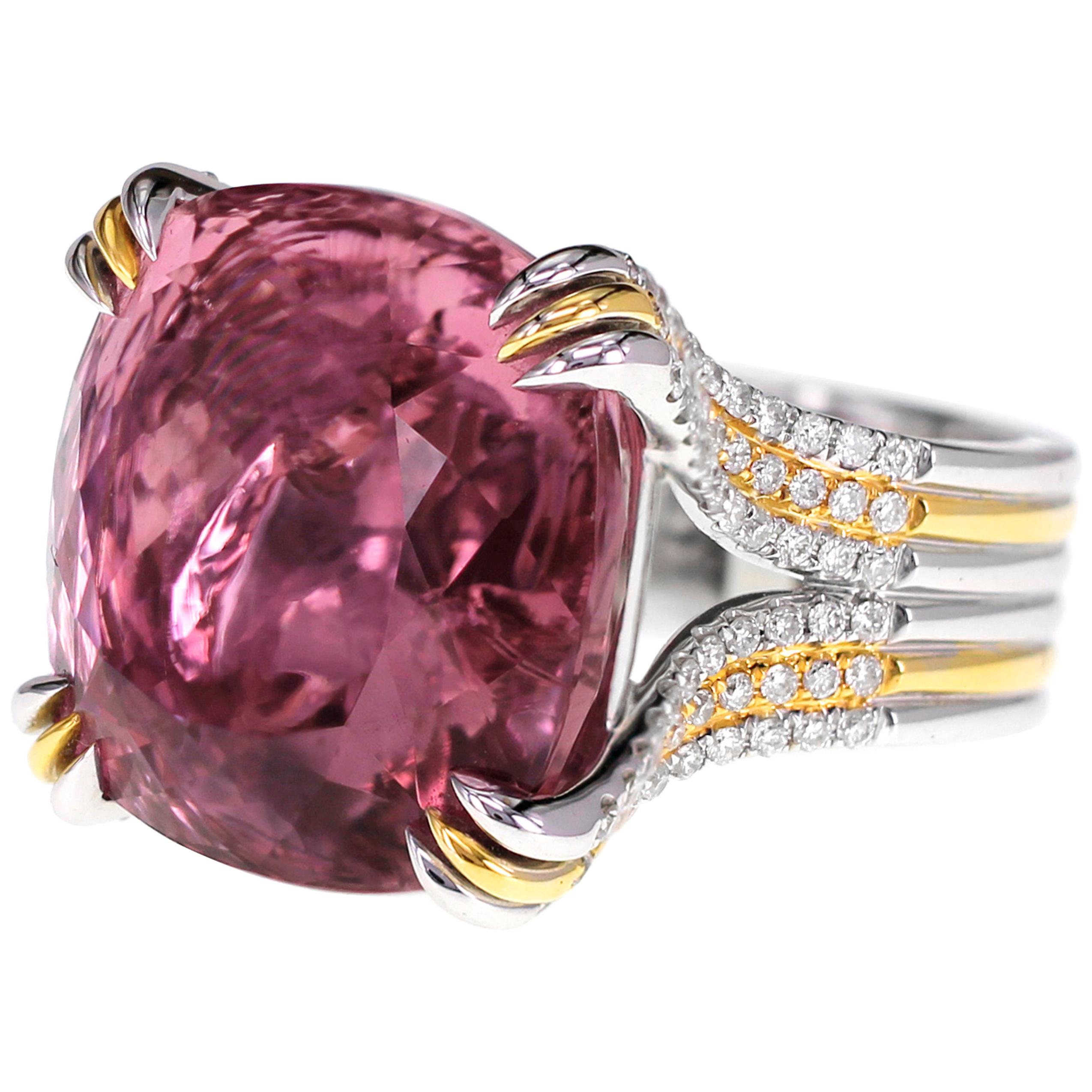 IGI Certified 34.60 Carat Rubellite Tourmaline and Diamond Cocktail Ring For Sale