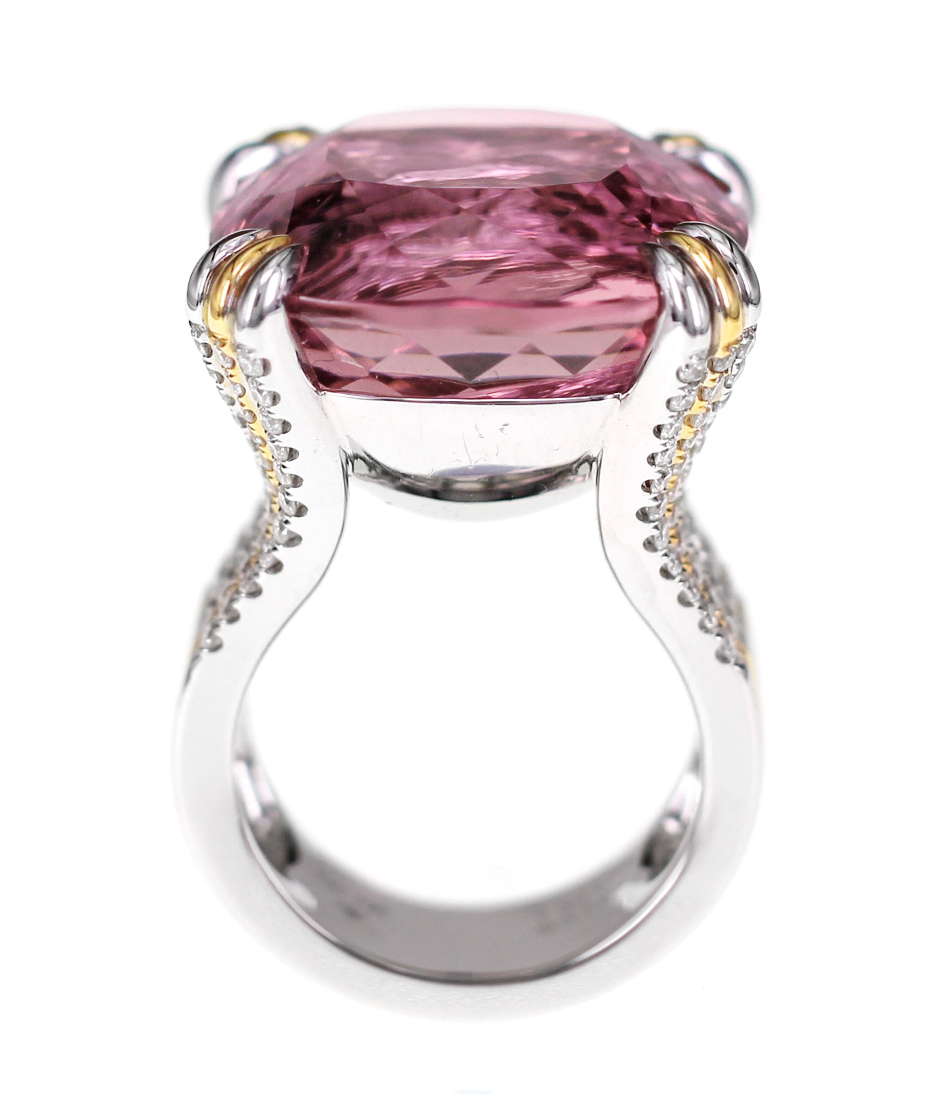 Cushion Cut IGI Certified 34.60 Carat Rubellite Tourmaline and Diamond Cocktail Ring For Sale