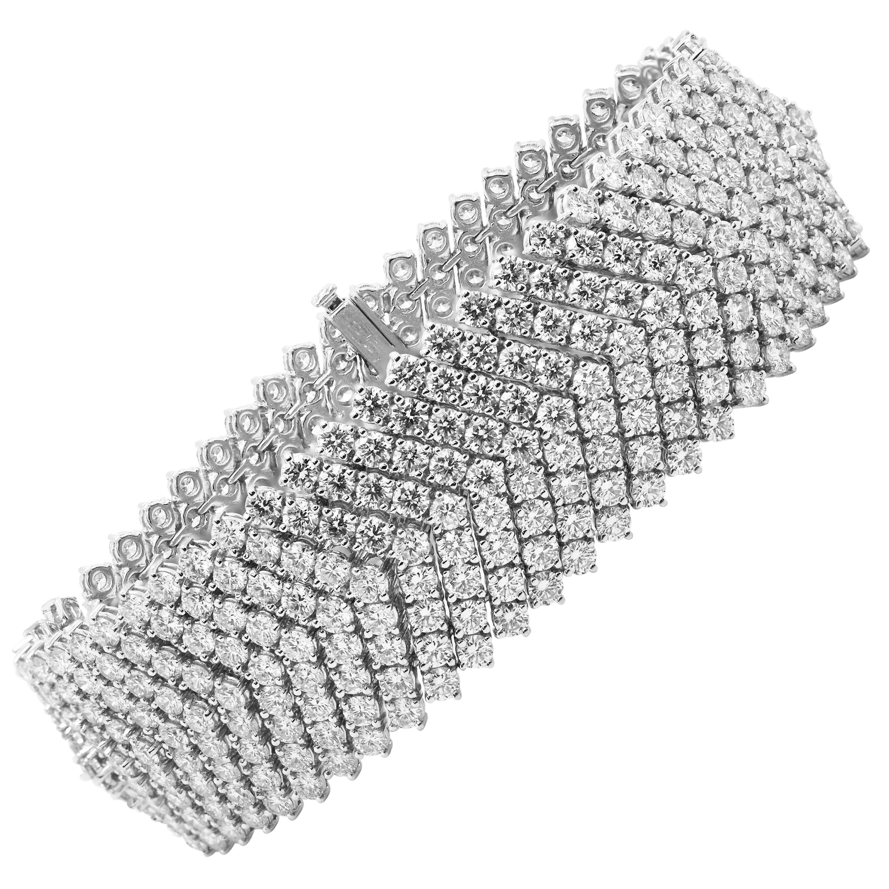 34.63 Carat Diamond 18 Karat White Gold Nine-Row Wide Tennis Bracelet For Sale