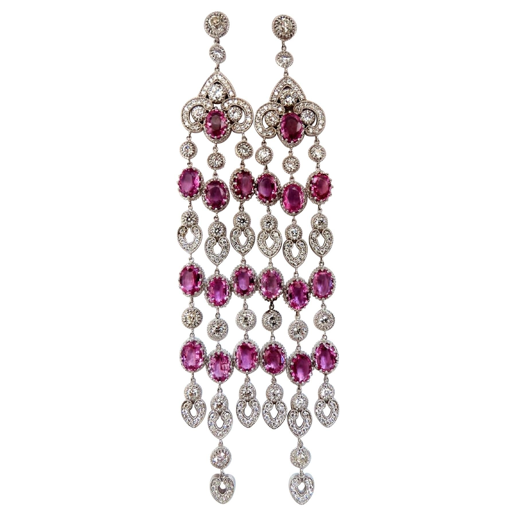 34.68ct Natural Pink Sapphire Diamonds Chandelier Earrings 18 Karat Dangle Lust*