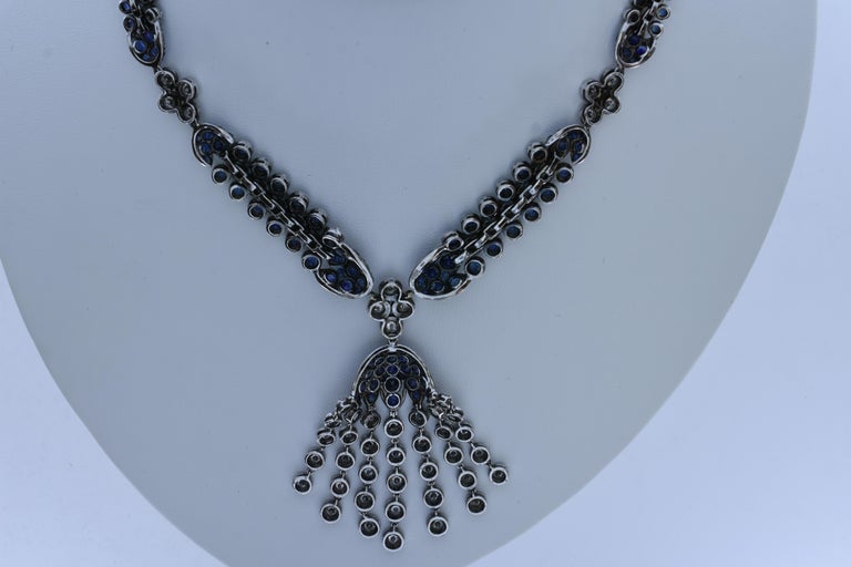 34.69 Carat Blue Sapphire and White Diamond Fringe Statement Necklace ...