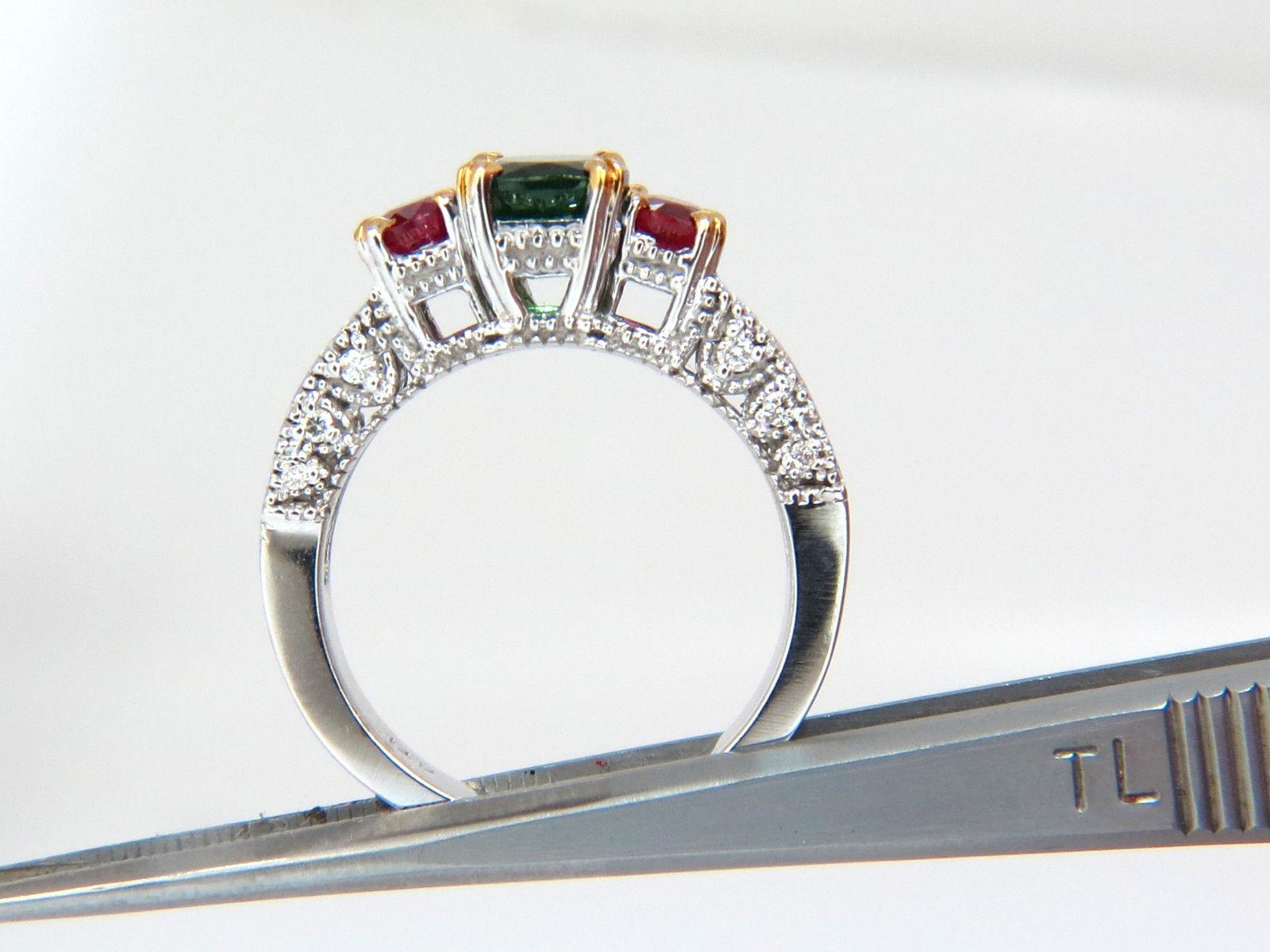 3.46ct natural vivid green tsavorite ruby diamonds ring 14kt three stone class 1