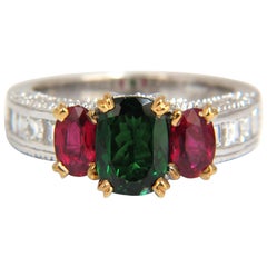 3.46ct natural vivid green tsavorite ruby diamonds ring 14kt three stone class