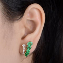 3.46ct Zambian Emerald 0.50ct Diamond Ear Climber Stud Earrings 18k Yellow Gold