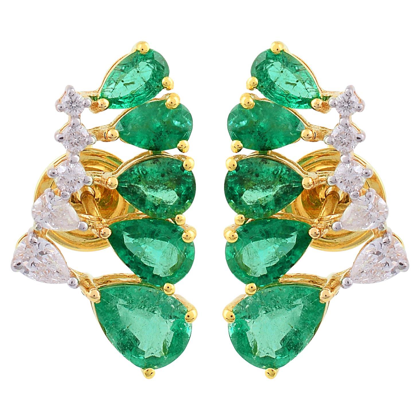 3.46ct Zambian Emerald 0.50ct Diamond Ear Climber Stud Ears 18k Yellow Gold en vente
