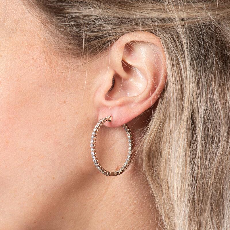 These endless hoop earrings are set in 14 karat rose gold and feature 3.46 carat total weight in diamonds. You will shine from every angle. 
Measurements: Outside diameter approximately 35mm
