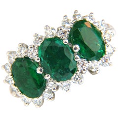 3.47 Carat 18 Karat Natural Vivid Green Emeralds Diamond Ring Cluster Cocktail