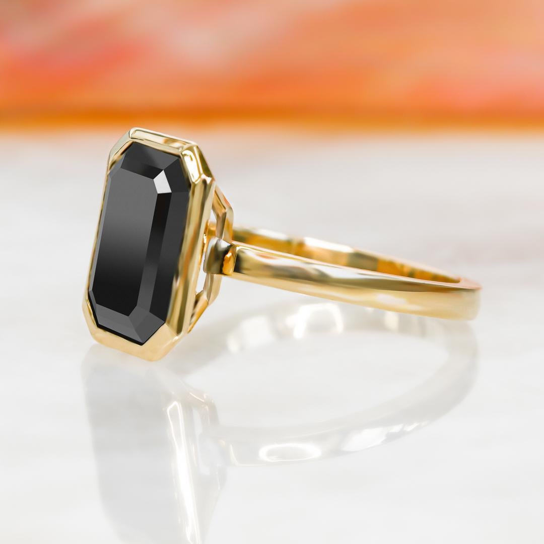 Women's 3.47 Carat Black Diamond Emerald Cut Solitaire Bezel Engagement Ring For Sale