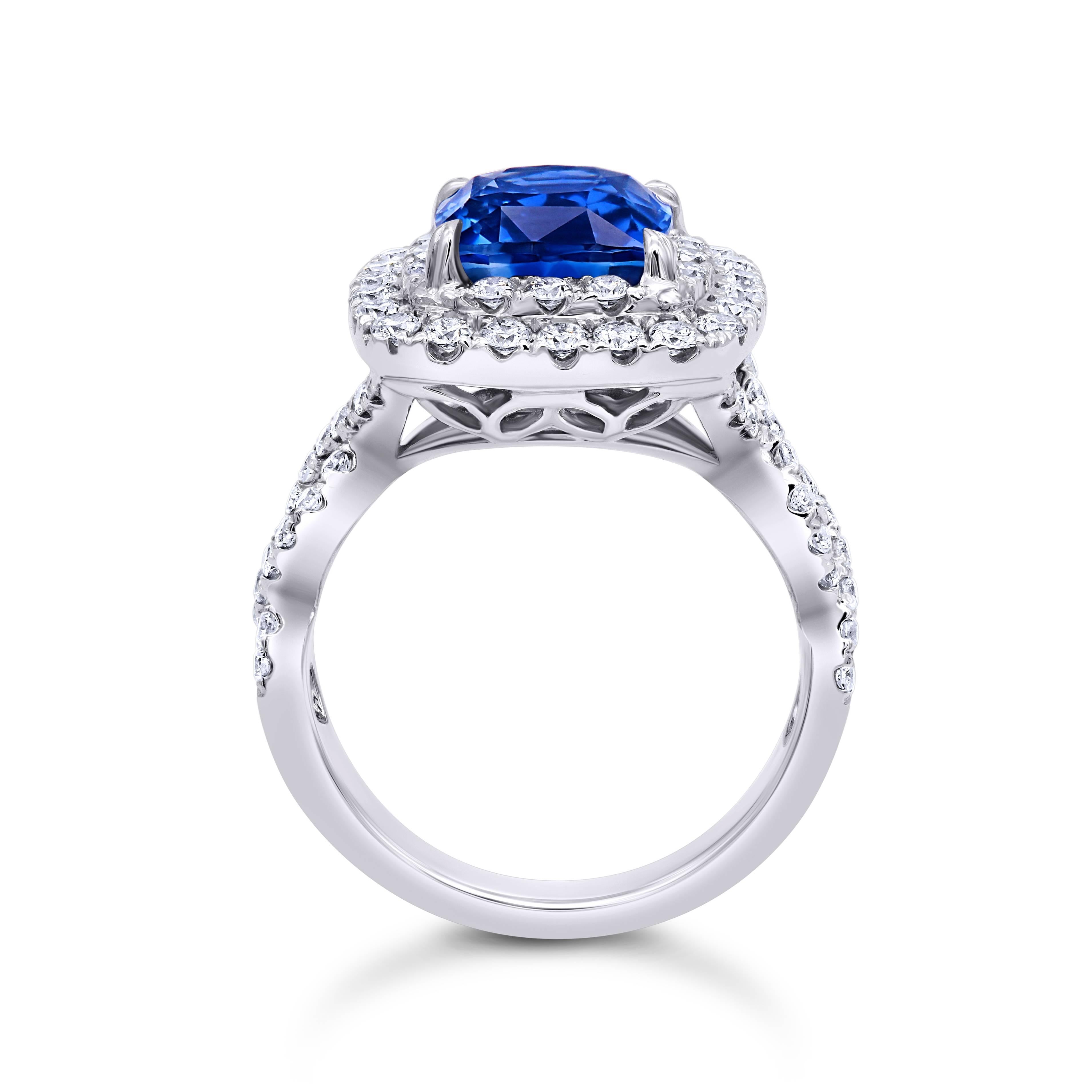 Cushion Cut 3.47 Carat Blue Sapphire and Diamond Ring For Sale