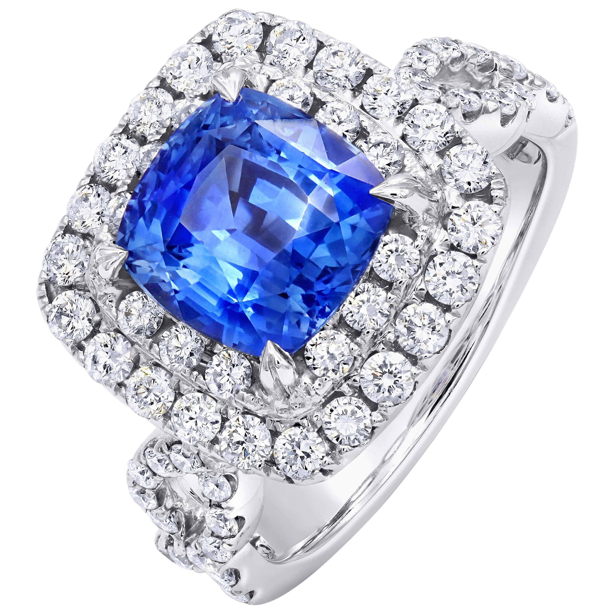 3.47 Carat Blue Sapphire and Diamond Ring For Sale