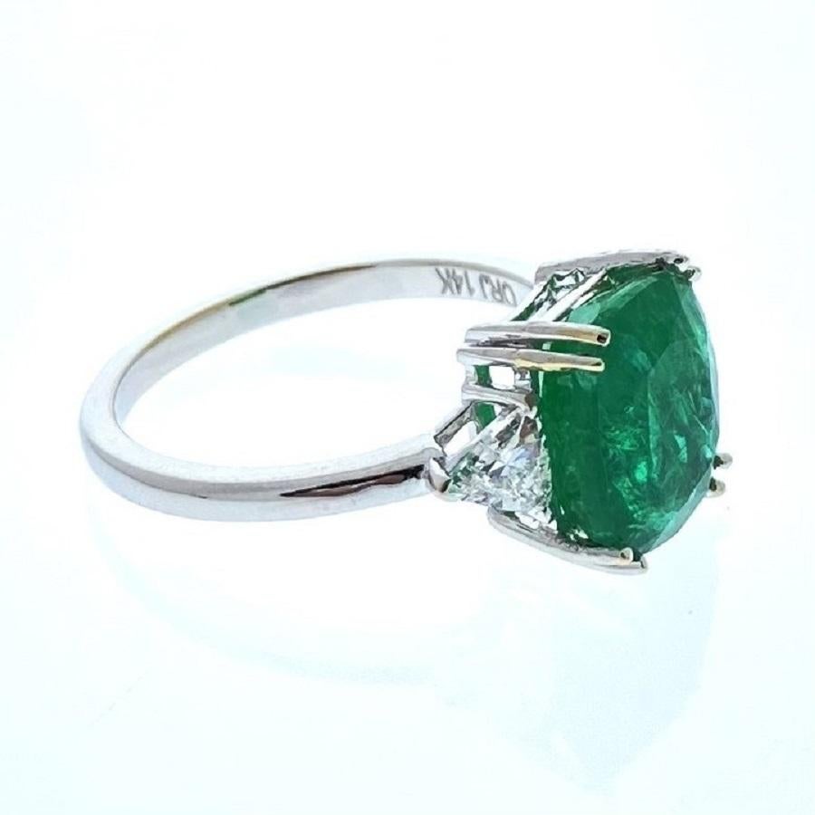 Emerald Cut 3.47 Carat Cushion Shape Green Emerald & Diamond Ring In 14k White Gold  For Sale