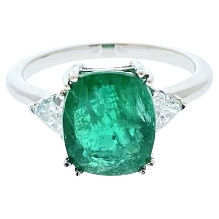 3.47 Carat Cushion Shape Green Emerald & Diamond Ring In 14k White Gold  For Sale