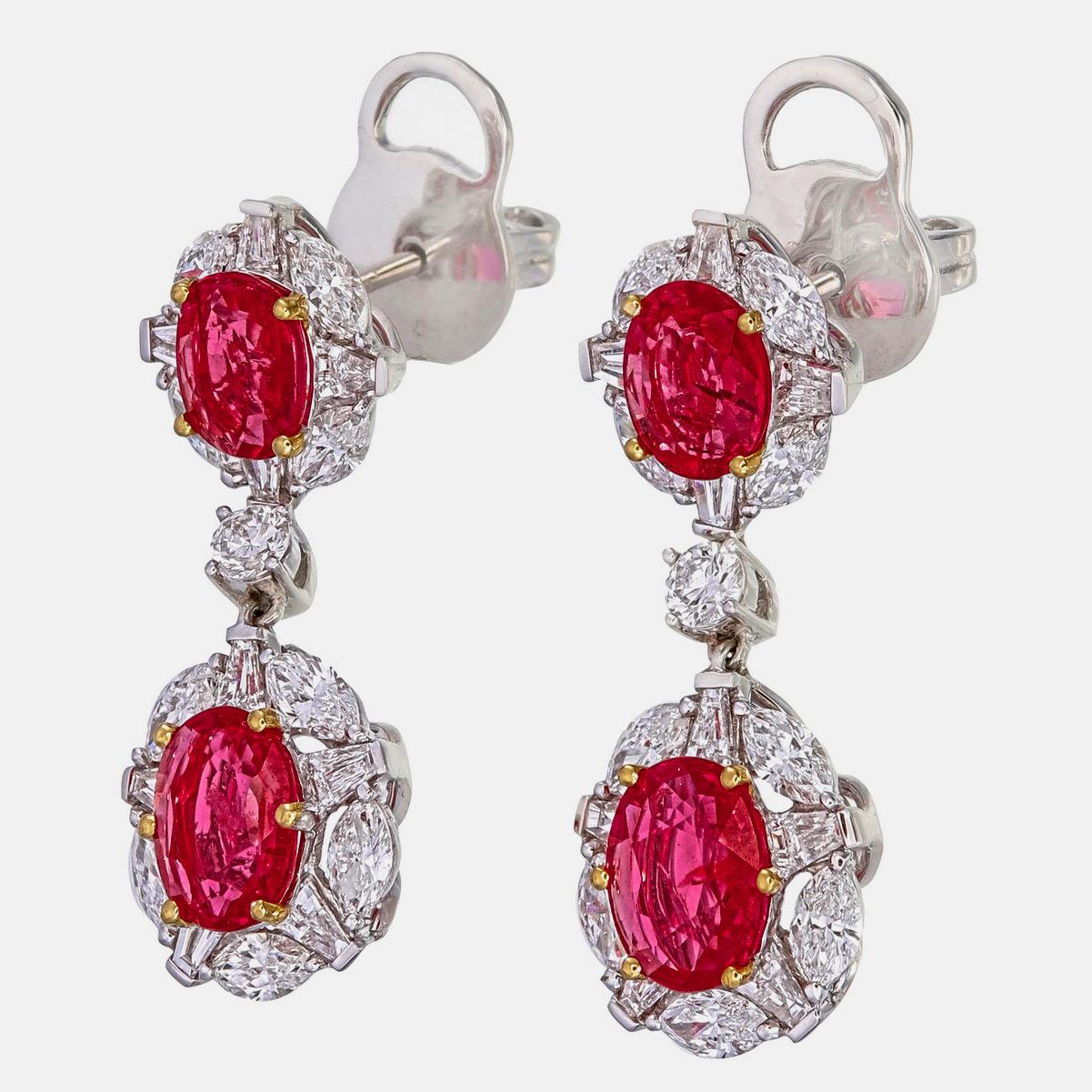 Round Cut AGL Certified 3.47 Carat Mozambique No Heat Ruby And Diamond Earrings In 18K For Sale
