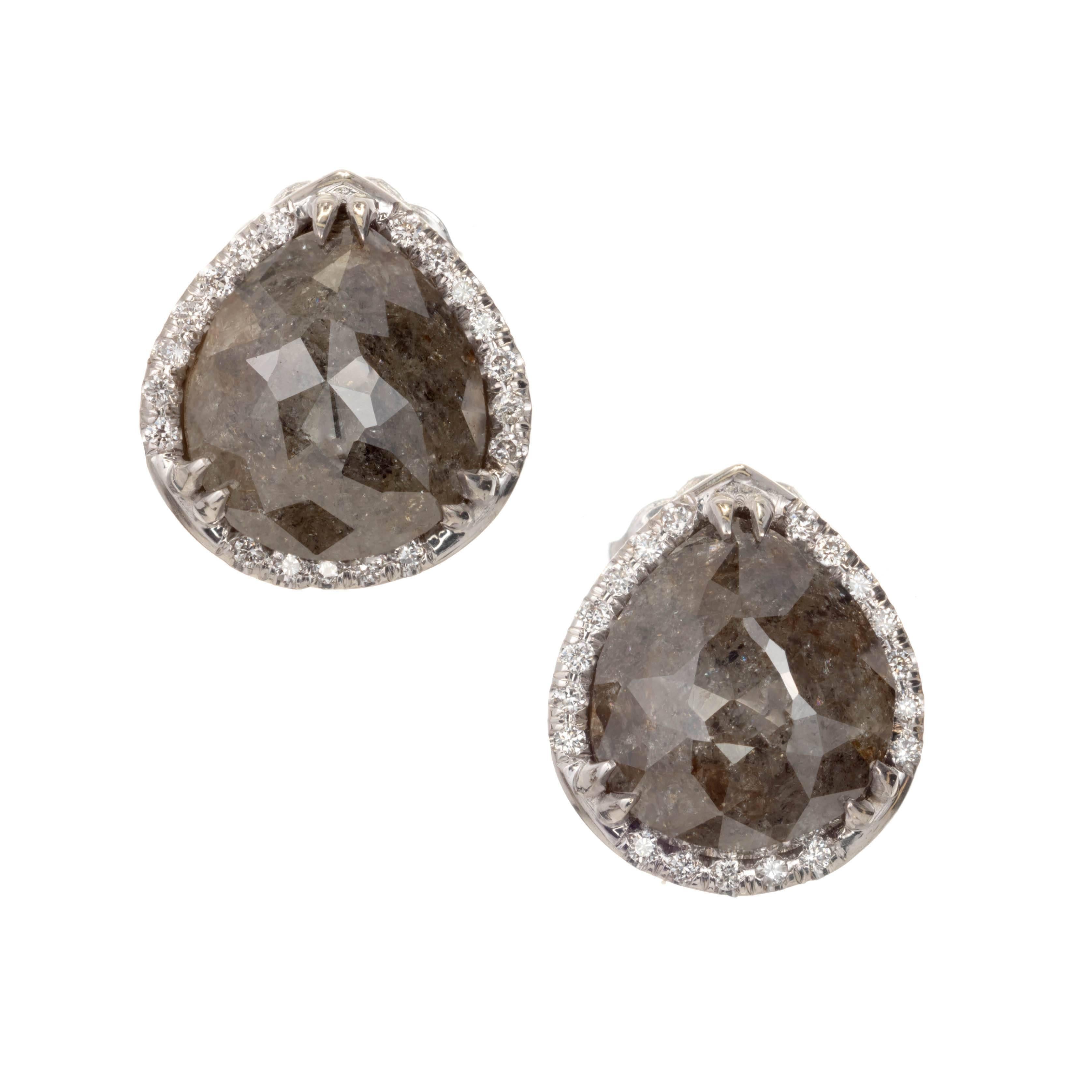 3.47 Carat Pear Dark Gray Diamond Halo Gold Stud Earrings