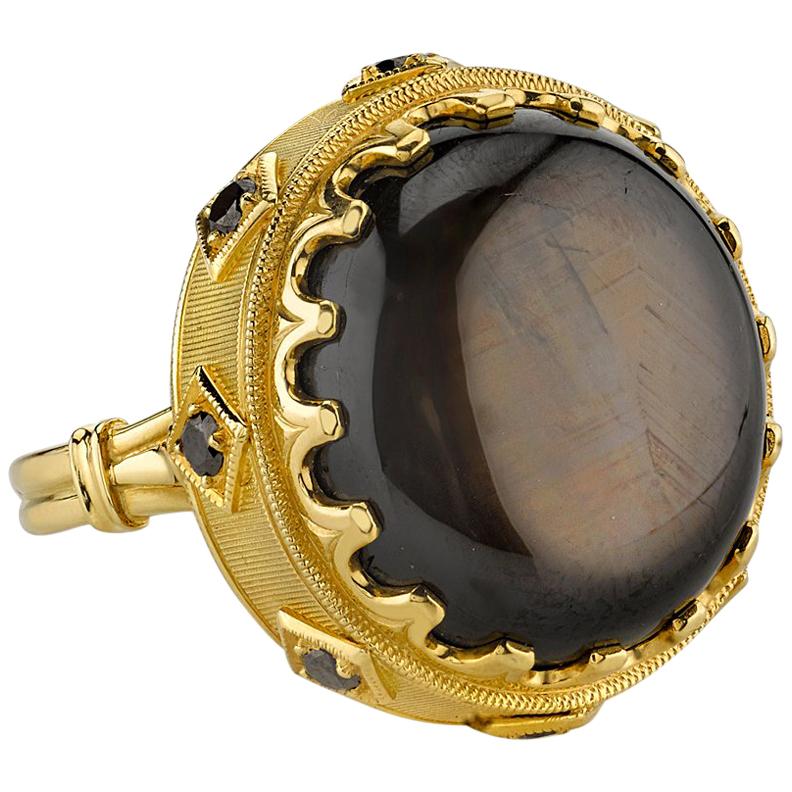  34.70 Carat Oval Black Star Sapphire and Black Diamond 18k Yellow Gold Ring