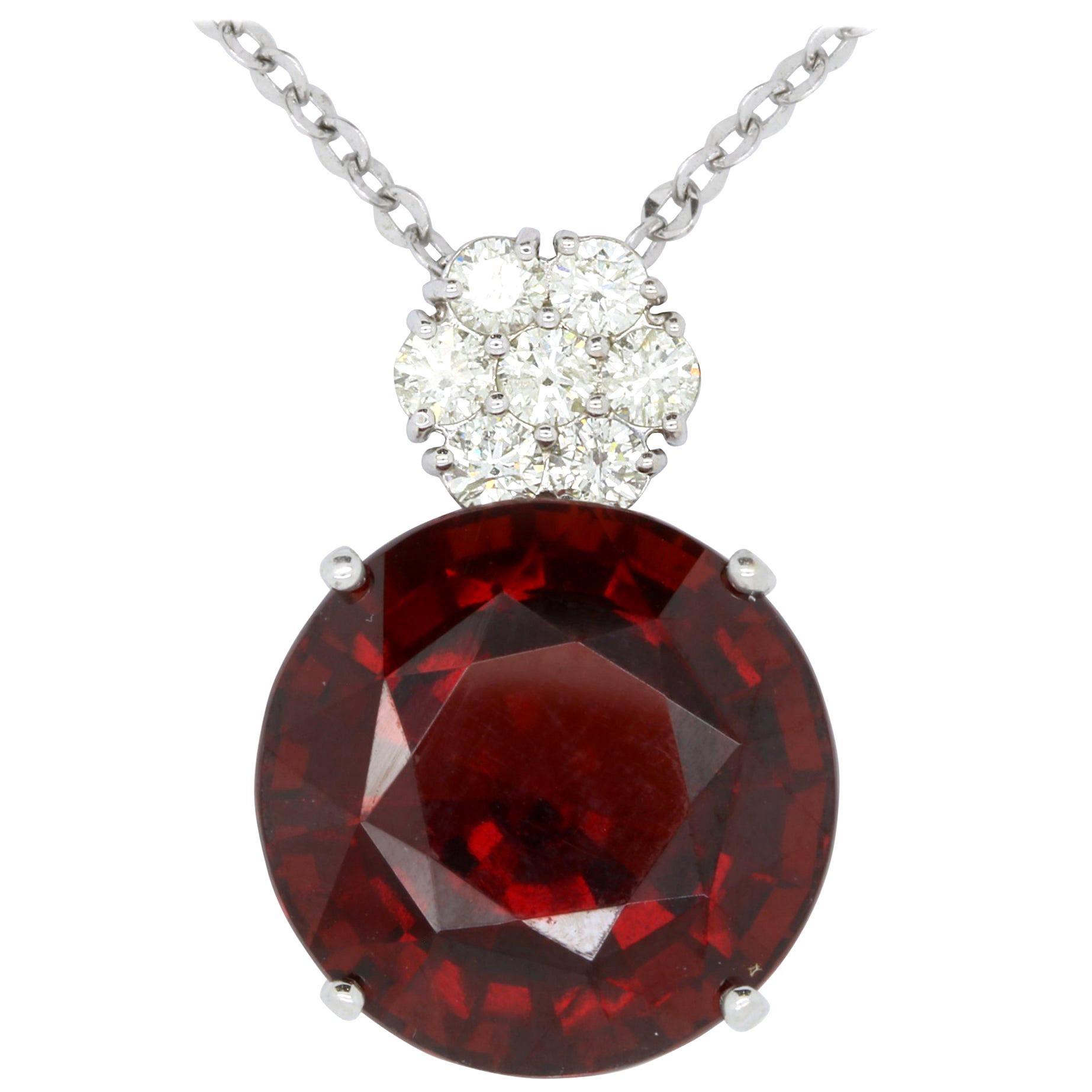 34.70 Carat Round Rhodolite Garnet and 1.2 Carat Diamond Pendant 14K White Gold