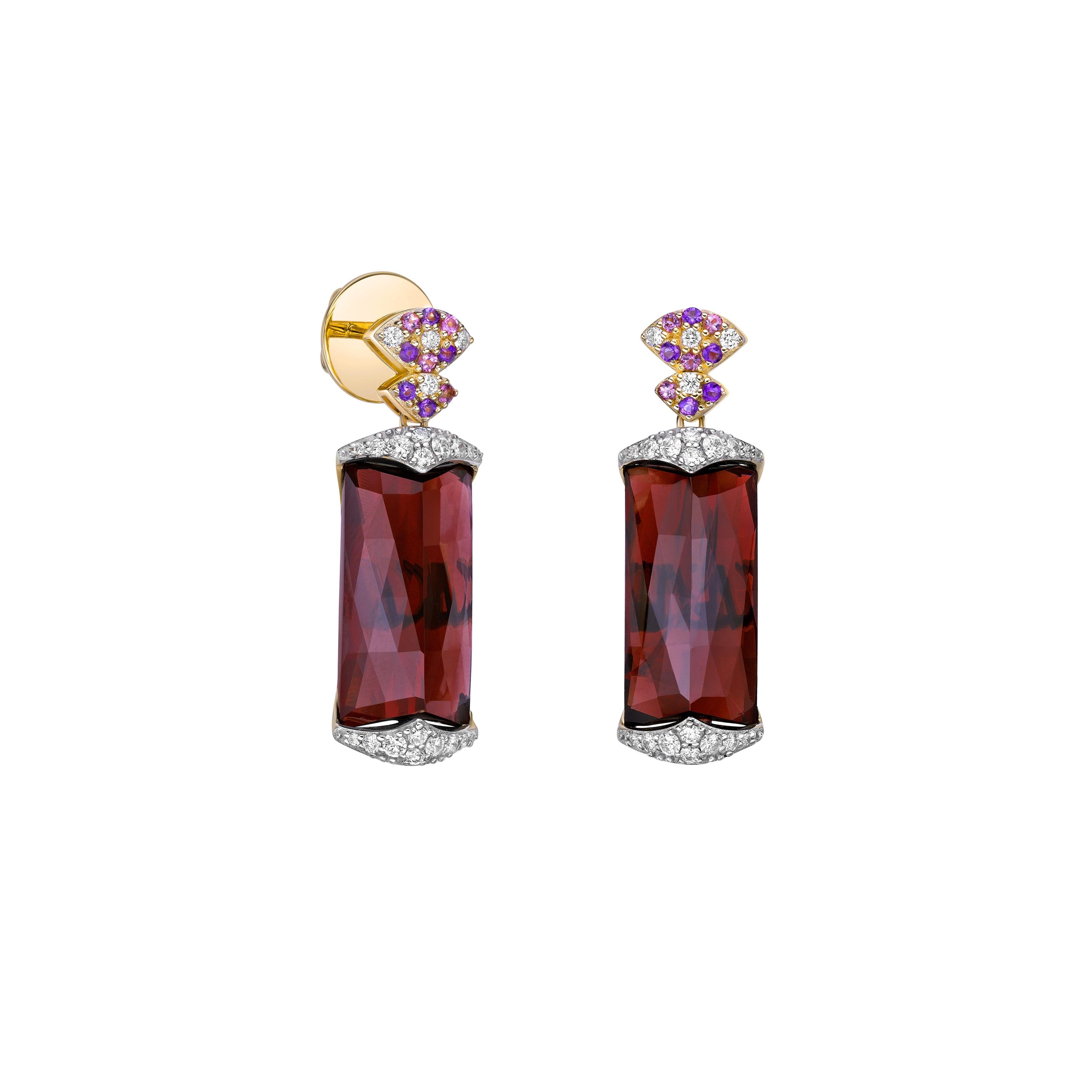 Presented A lovely Drop Earrings of Garnet and Honey Quartz is perfect for people who want to wear it to any occasion or celebration. Its captivating garnet, amethyst, pink tourmaline and brilliant diamonds set in 18karat yellow gold, intended to