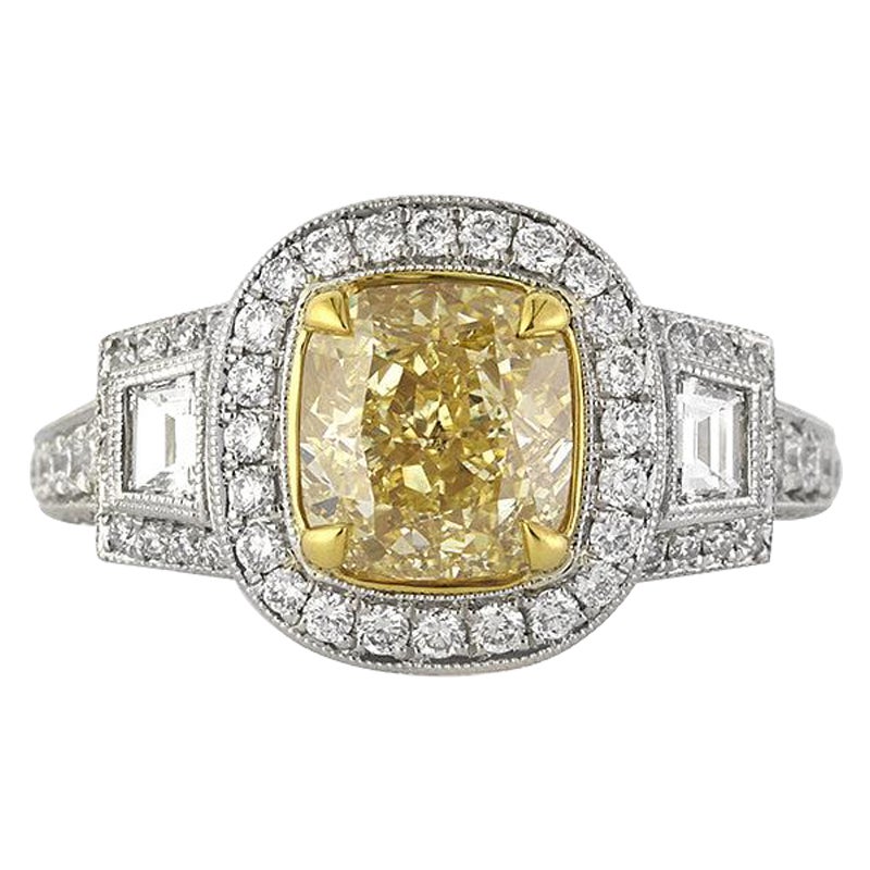 3.47ct Fancy Yellow Cushion Cut Diamond Engagement Ring