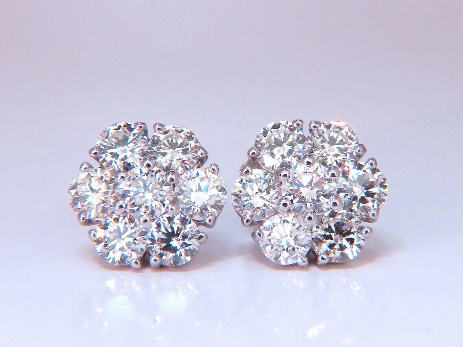 Round Cut 3.47ct. Natural Round Diamond Cluster Earrings 14 Karat Floreta For Sale