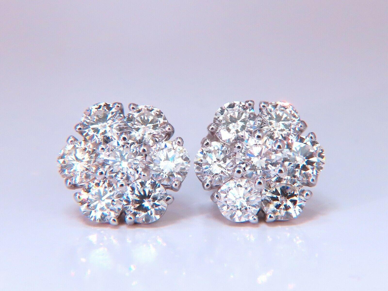 Taille ronde 3.47ct. Boucles d'oreilles fleureta en grappe de diamants ronds naturels 14 carats en vente