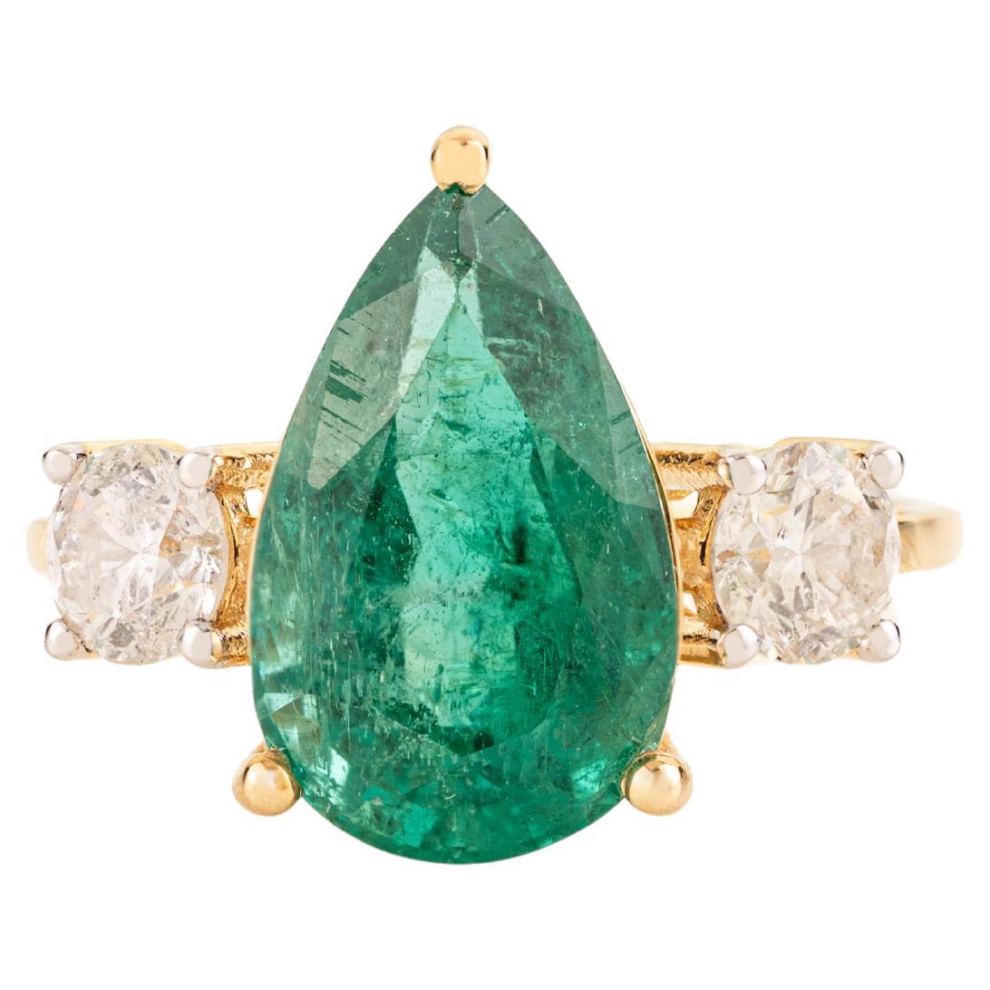 3.47Ct Pear Cut Emerald & Diamond Three Stone Engagement Ring in 18K Yellow Gold