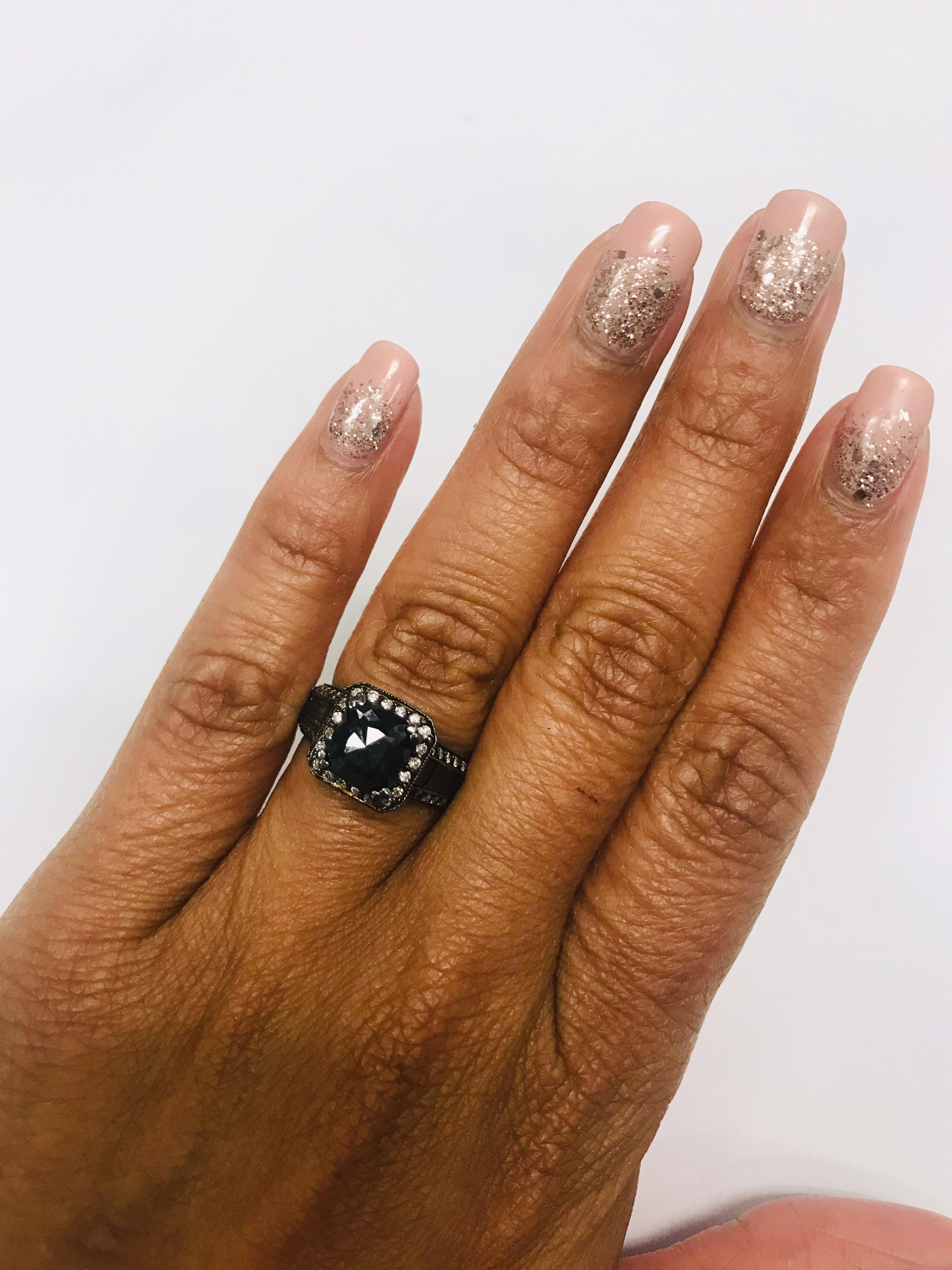 Cushion Cut 3.48 Carat Black and White Diamond 14 Karat Gold Ring