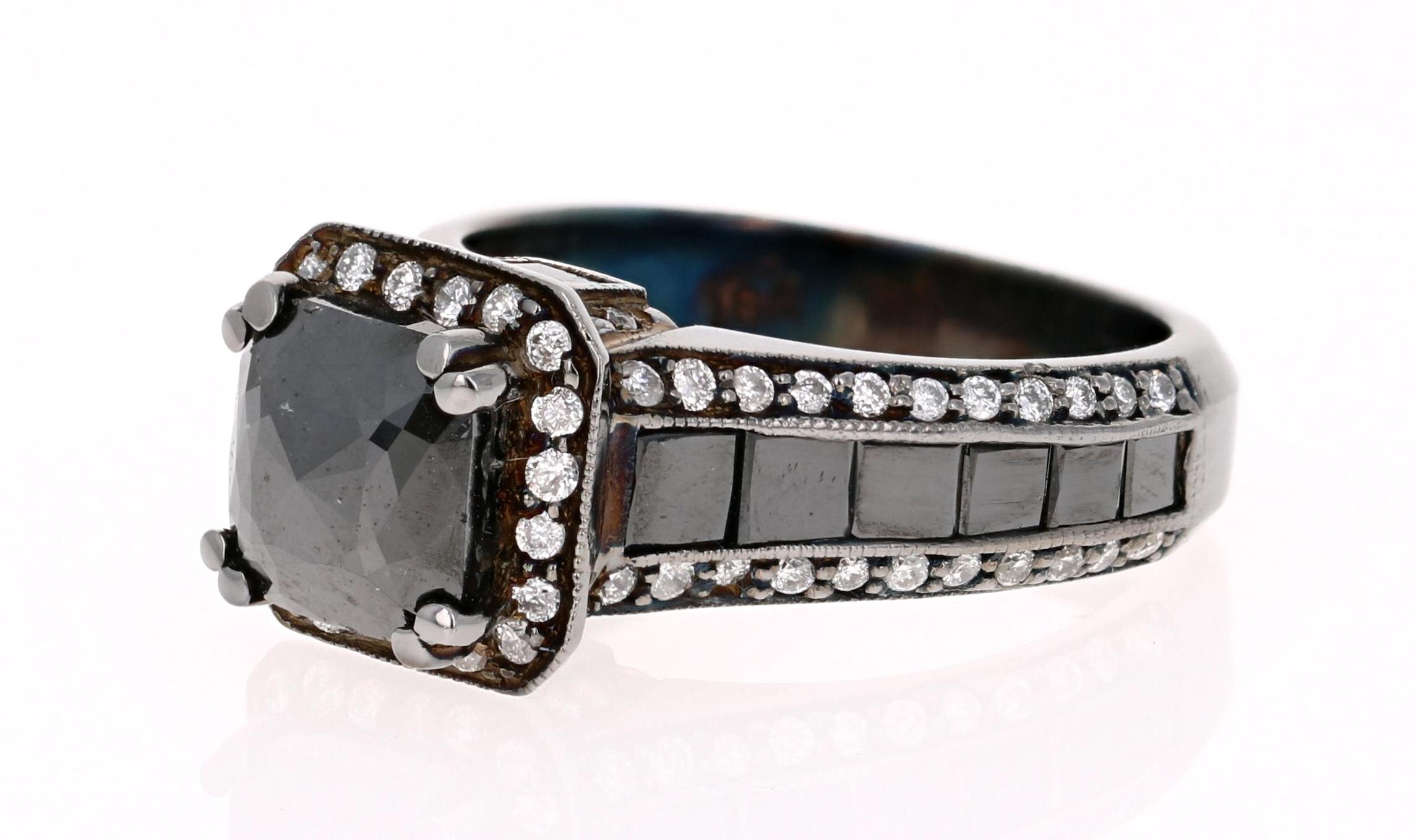 Modern 3.48 Carat Black and White Diamond 14 Karat Gold Ring