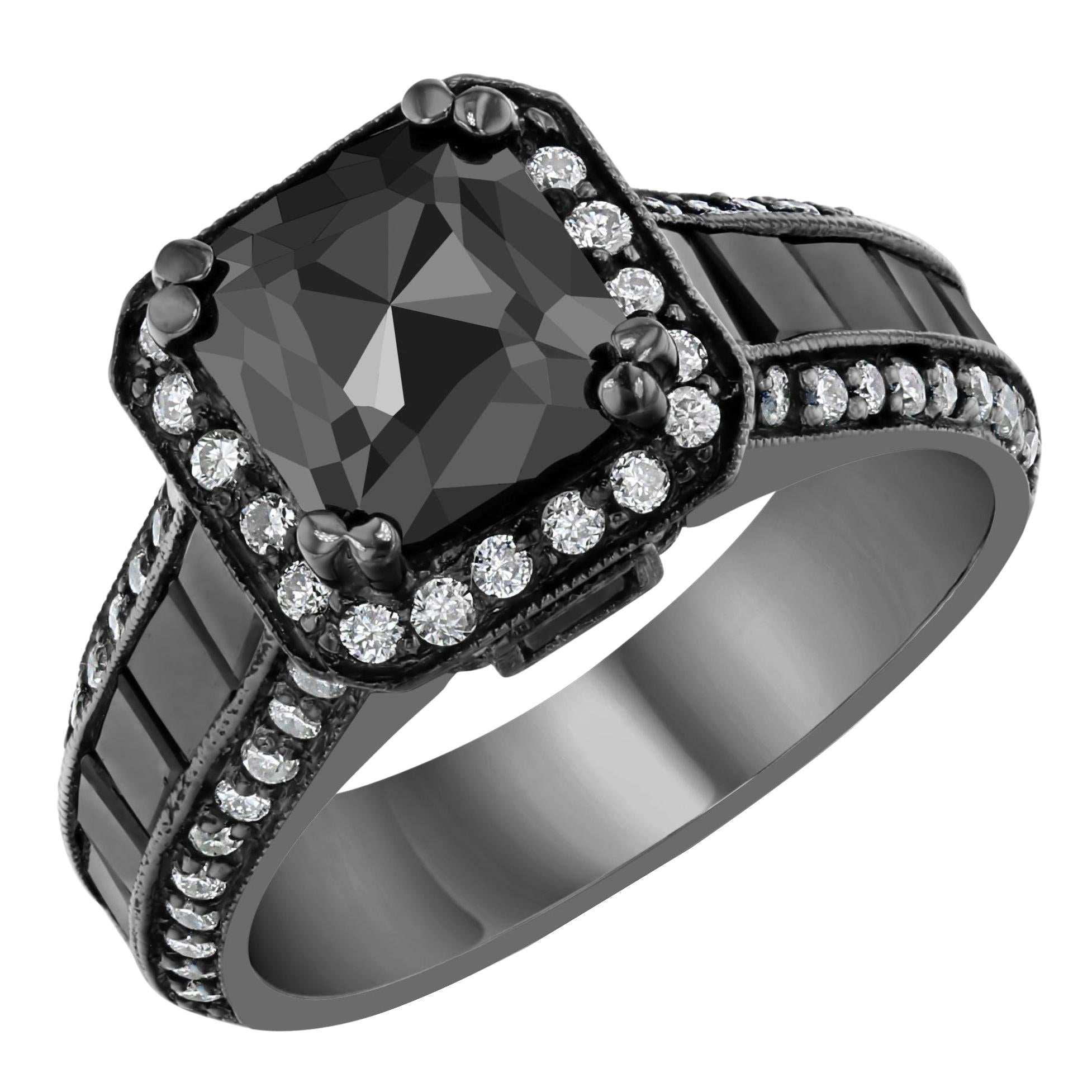 3.48 Carat Black and White Diamond 14 Karat Gold Ring