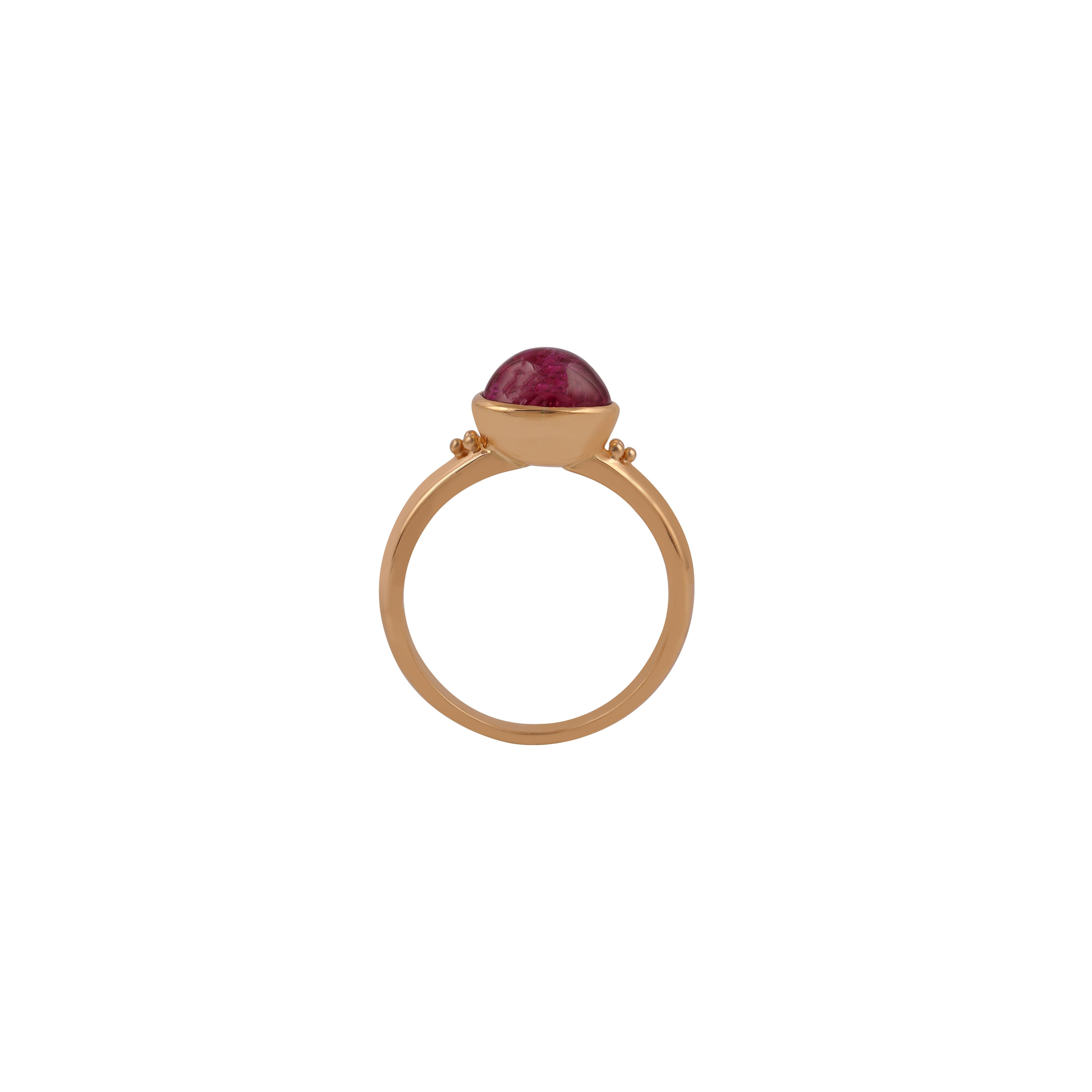 A 3.48-carat Natural cabochon Burma ruby classic ring. For centuries, the Burmese ruby has ranked among the most sought-after gemstones in the world, as stones that hail from these legendary mines are set apart by their incomparable red color. 
Set