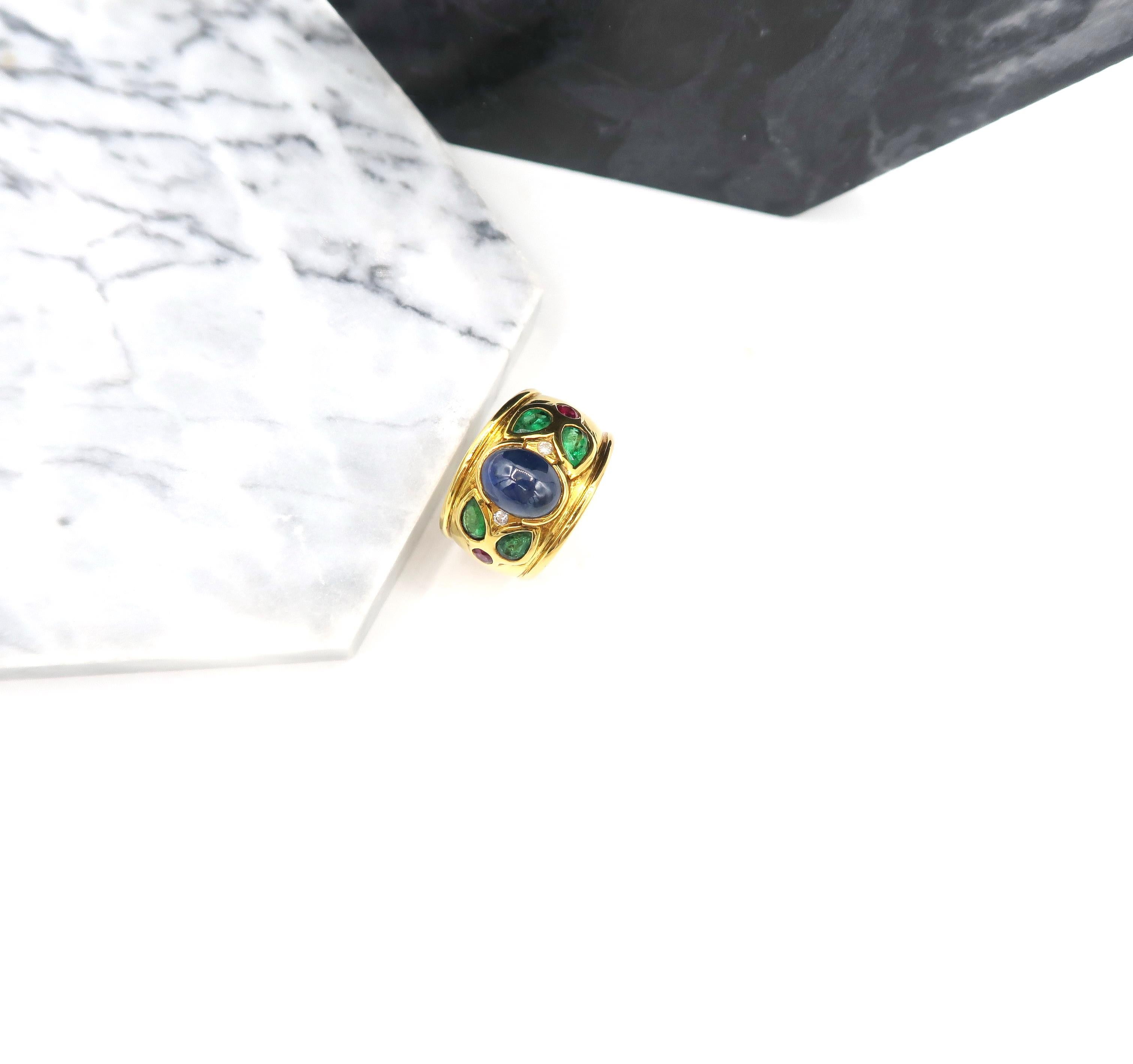 Mixed Cut 3.48 Carat Cabochon Sapphire 18 Karat Gold Ring with Diamond, Emerald, Rubies For Sale