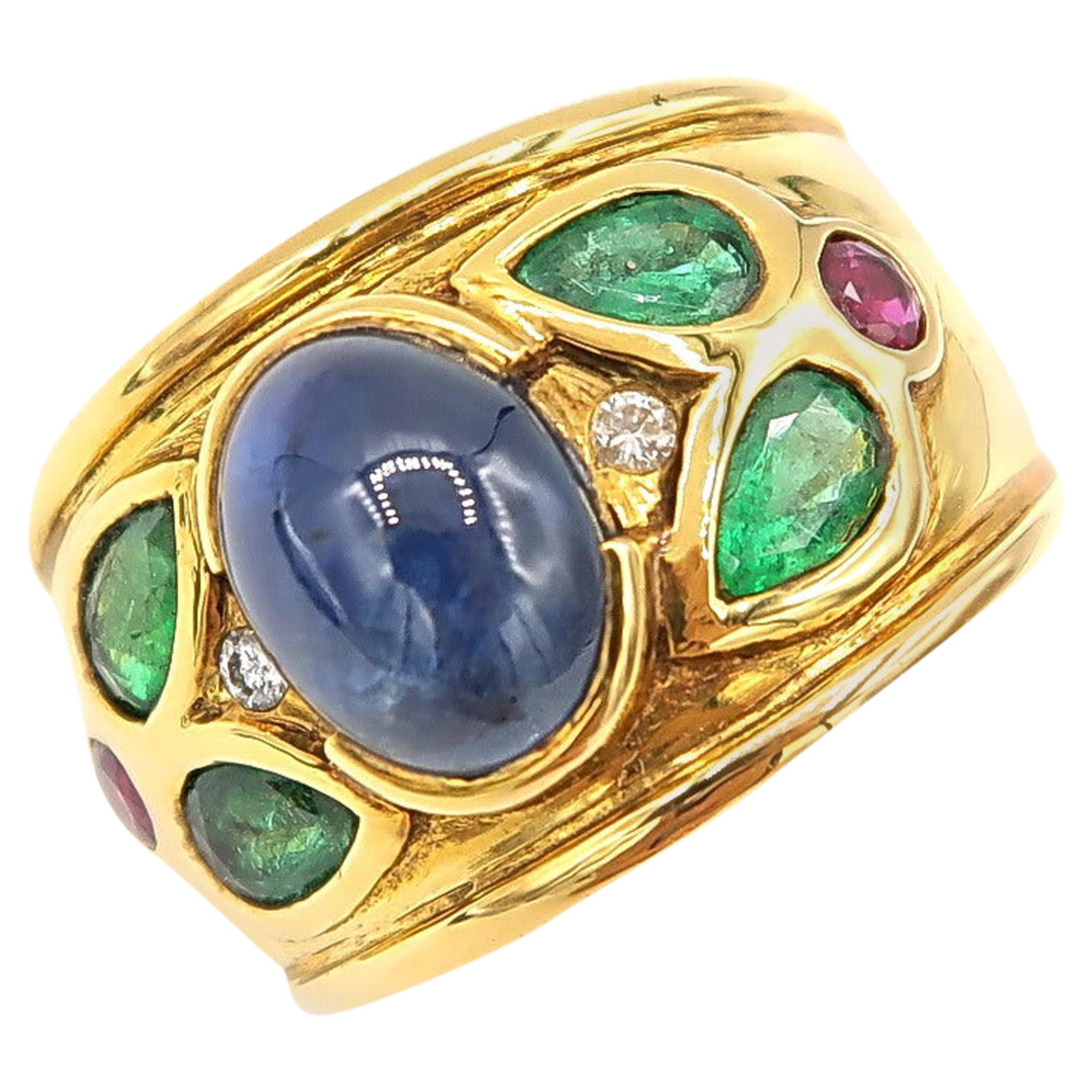 3.48 Carat Cabochon Sapphire 18 Karat Gold Ring with Diamond, Emerald, Rubies For Sale