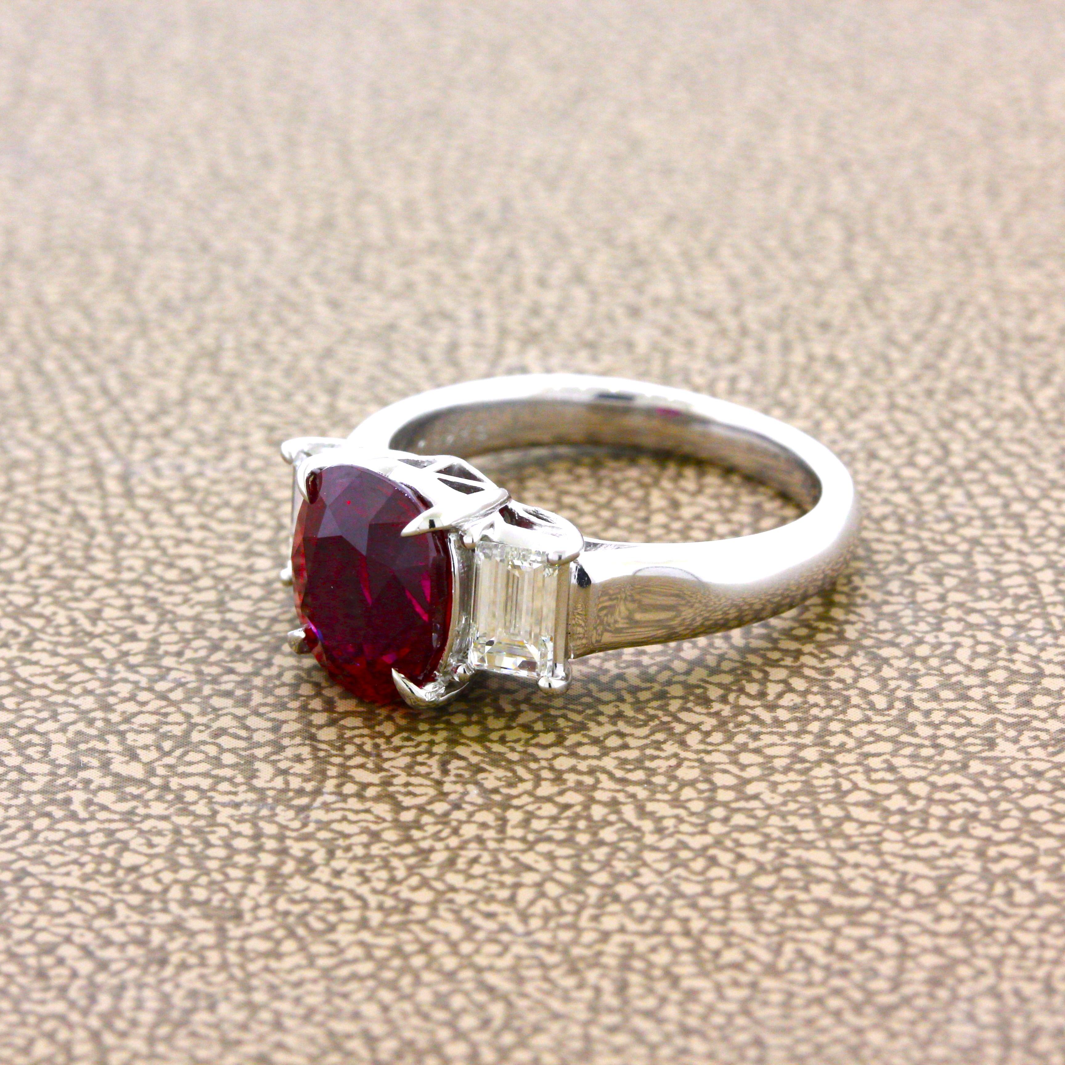 3.48 Carat Gem Ruby Diamond Platinum 3-Stone Ring, GIA Certified In New Condition For Sale In Beverly Hills, CA