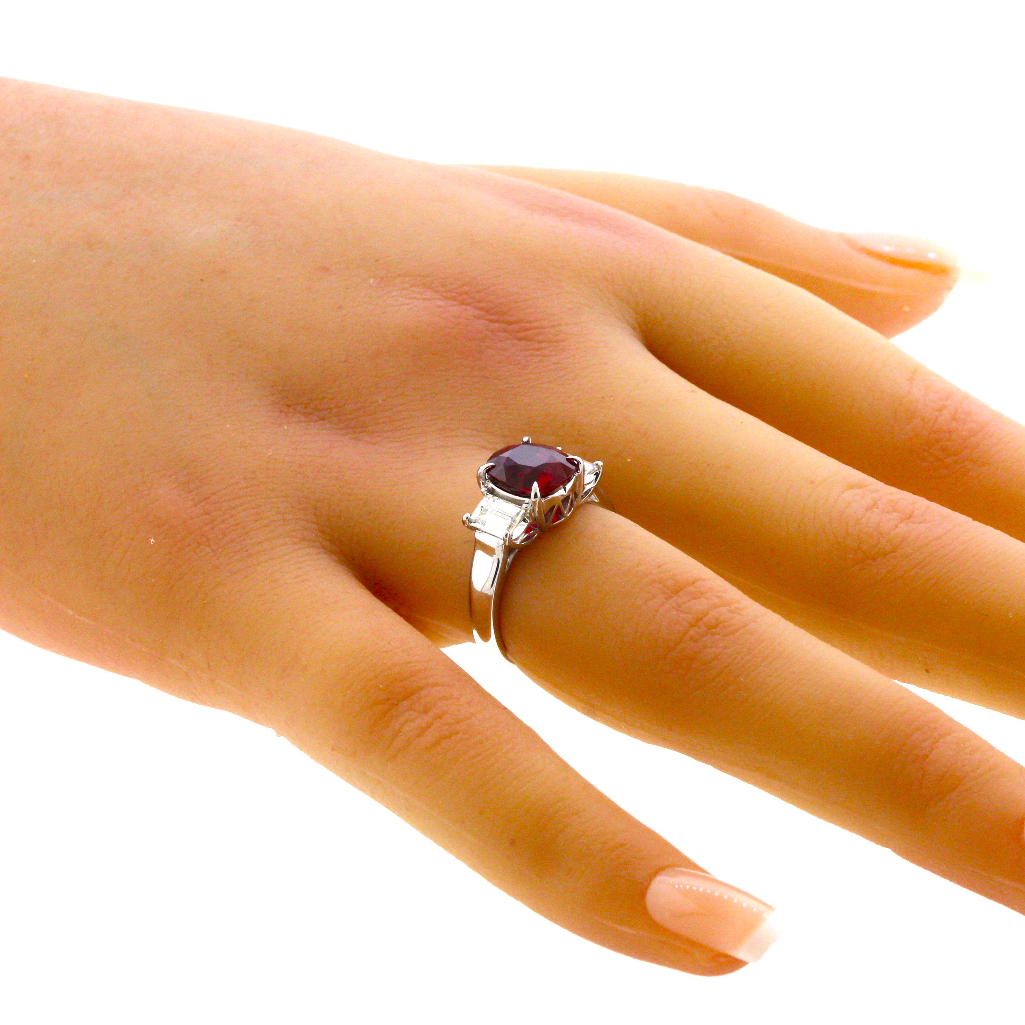 Women's 3.48 Carat Gem Ruby Diamond Platinum 3-Stone Ring, GIA Certified For Sale